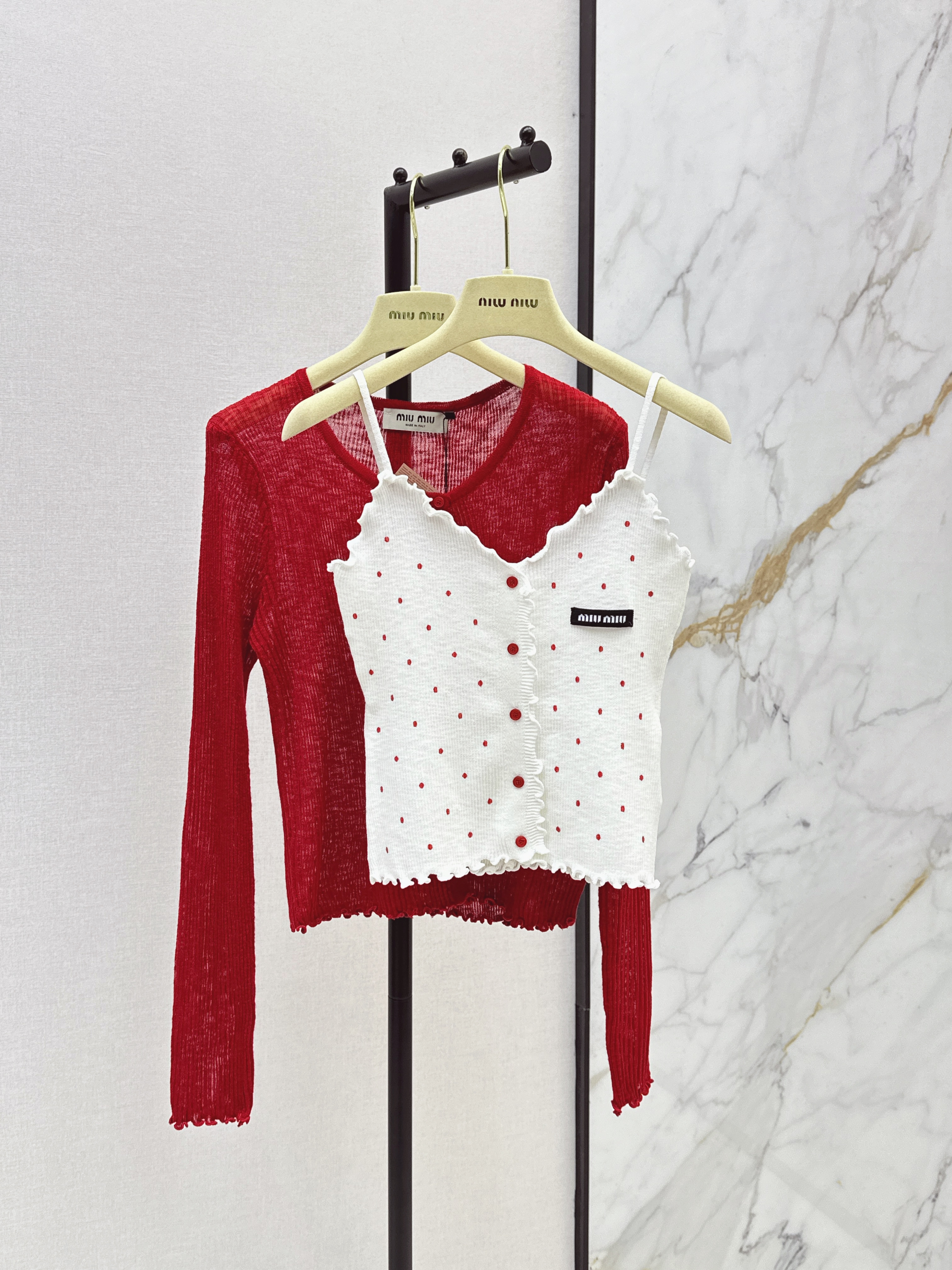 Miu 26SS Polka Dot Camisole and Cardigan Set
