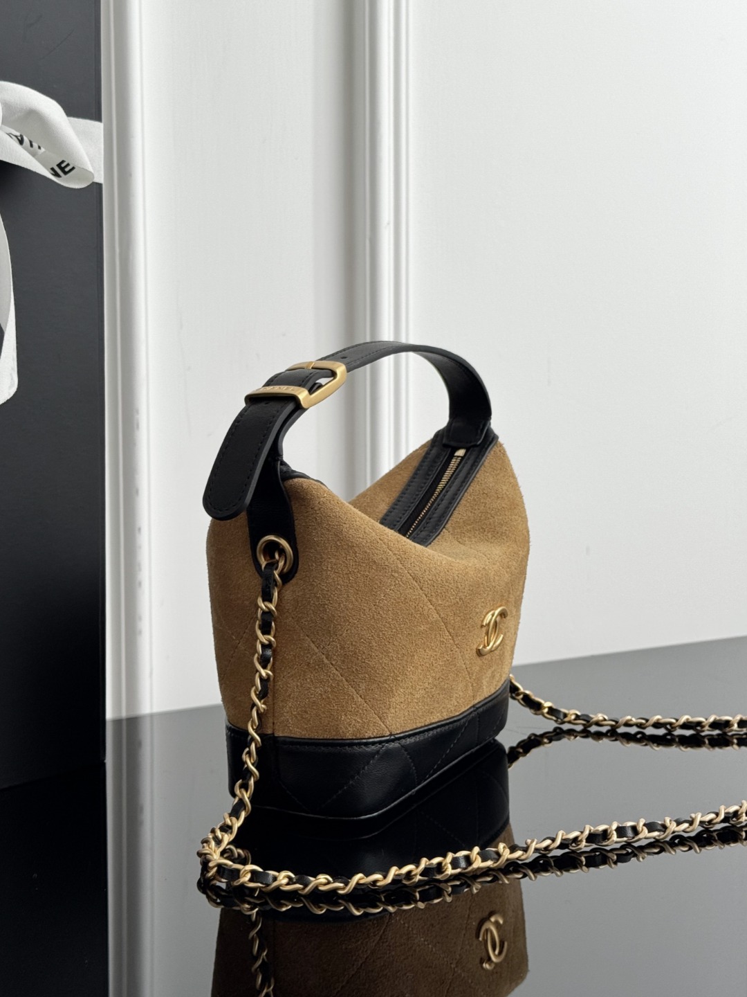 Chan 26S suede clutch with chain