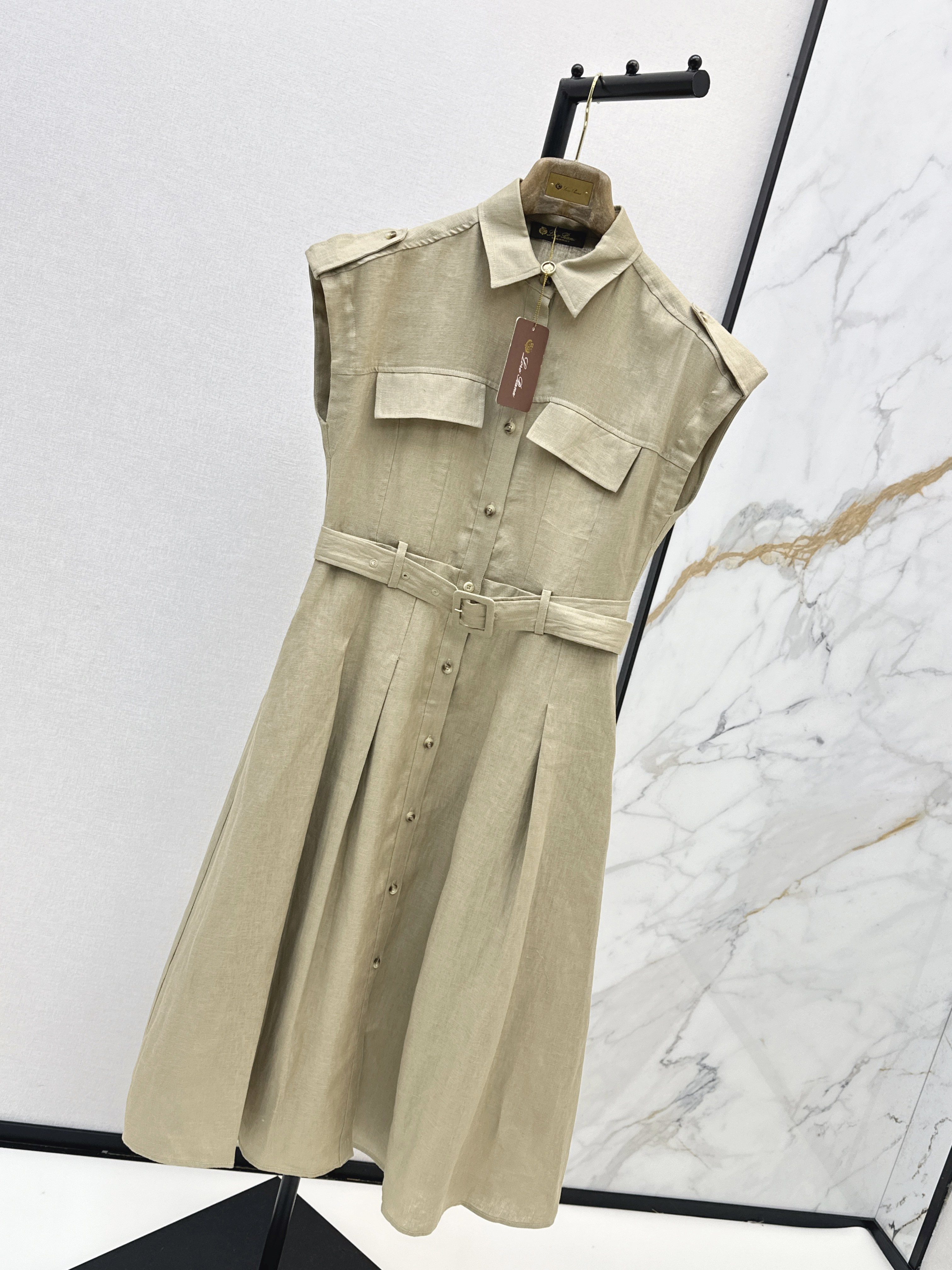 Khaki Sleeveless Belted Shirt Dress