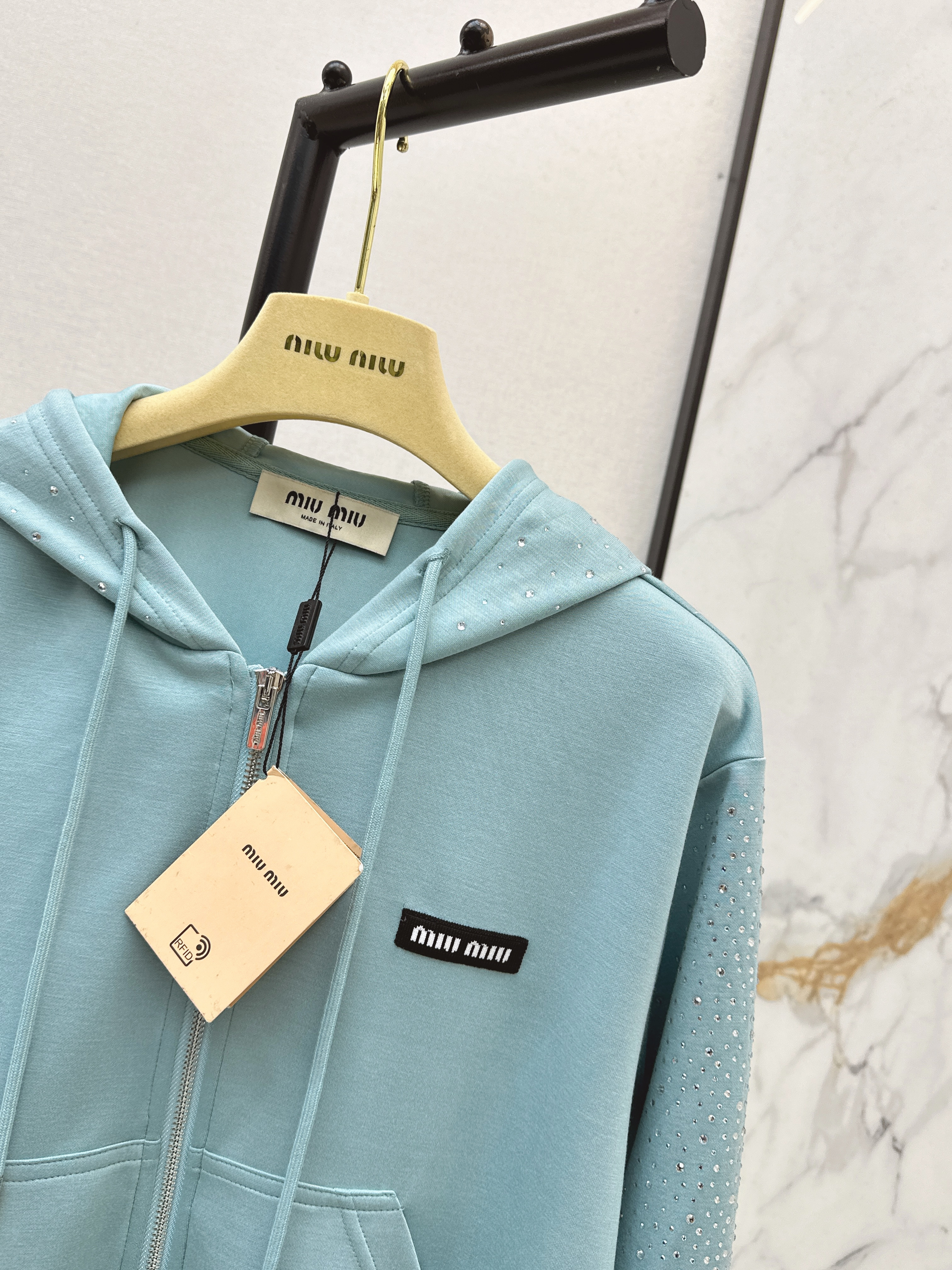 Miu 26ss rhinestone hooded jacket