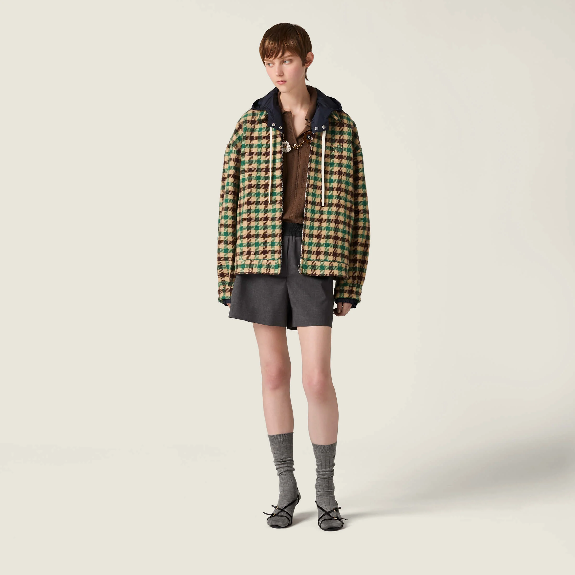 Miu 25fw hooded plaid jacket