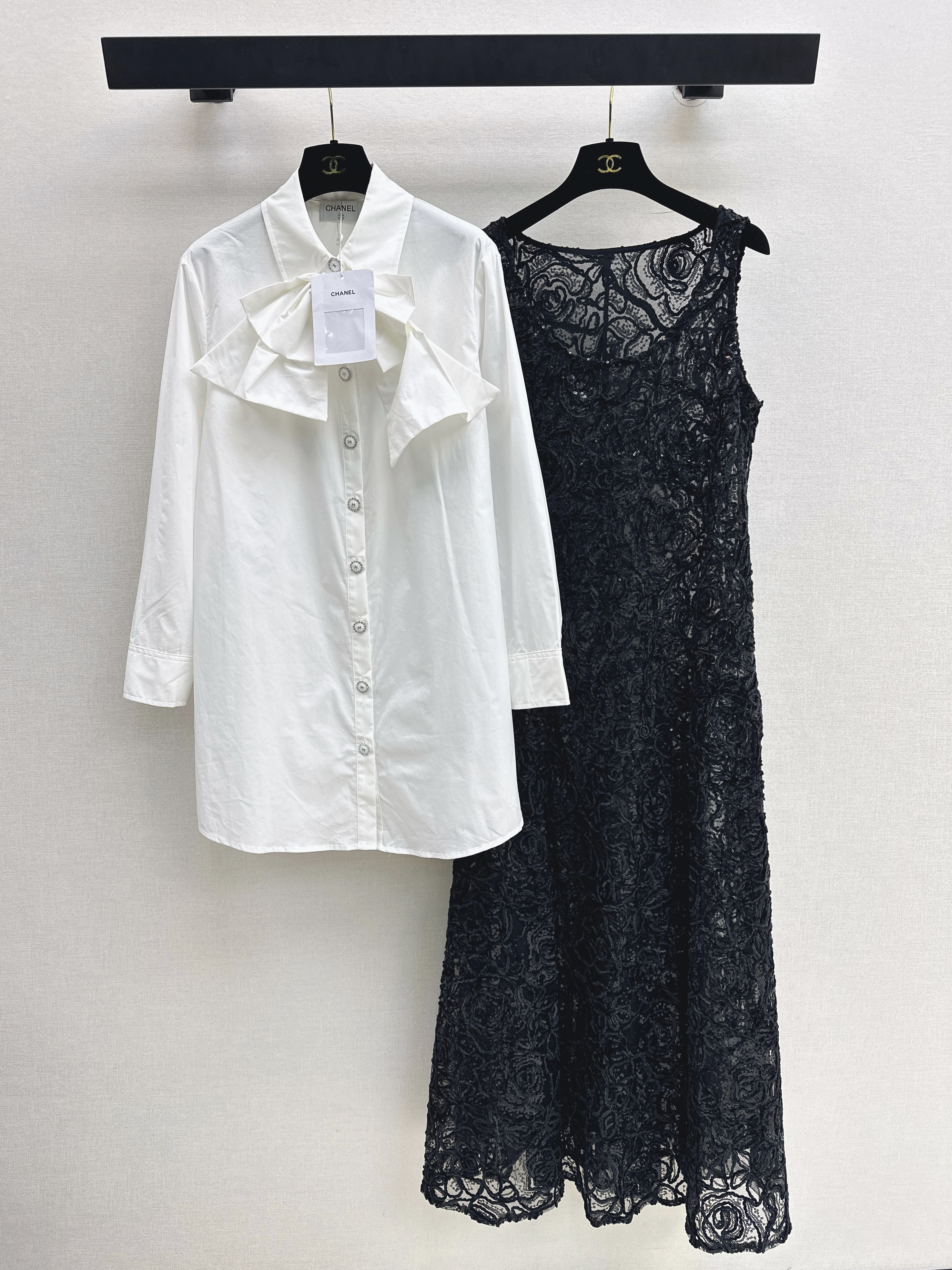 Chan 26ss ribbon shirts mesh dress set