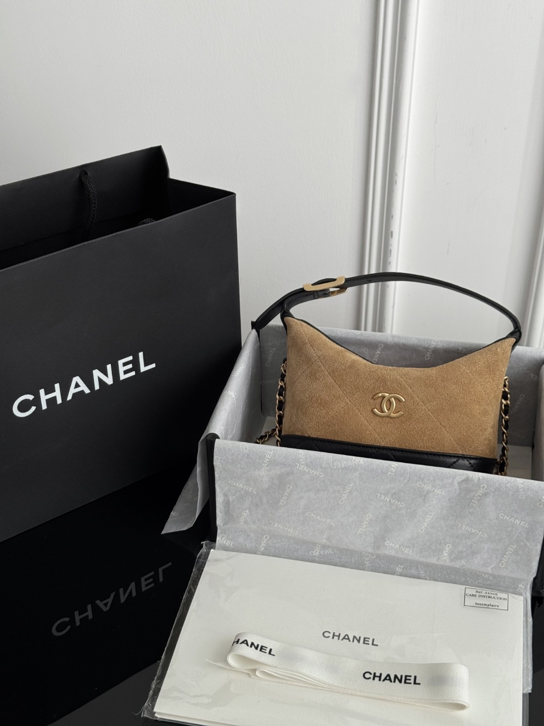 Chan 26S suede clutch with chain
