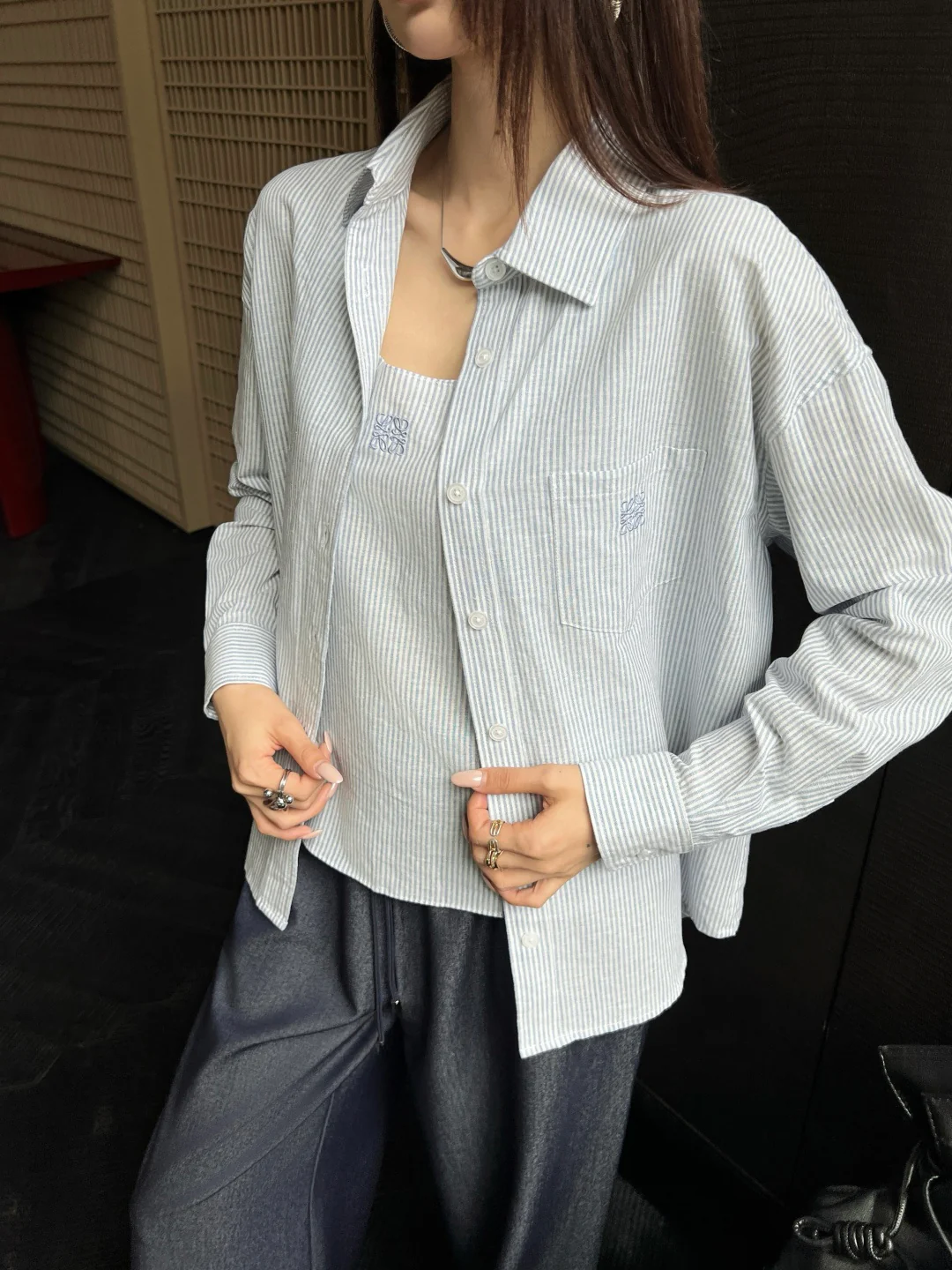 Loe 25fw stripe vest shirt set