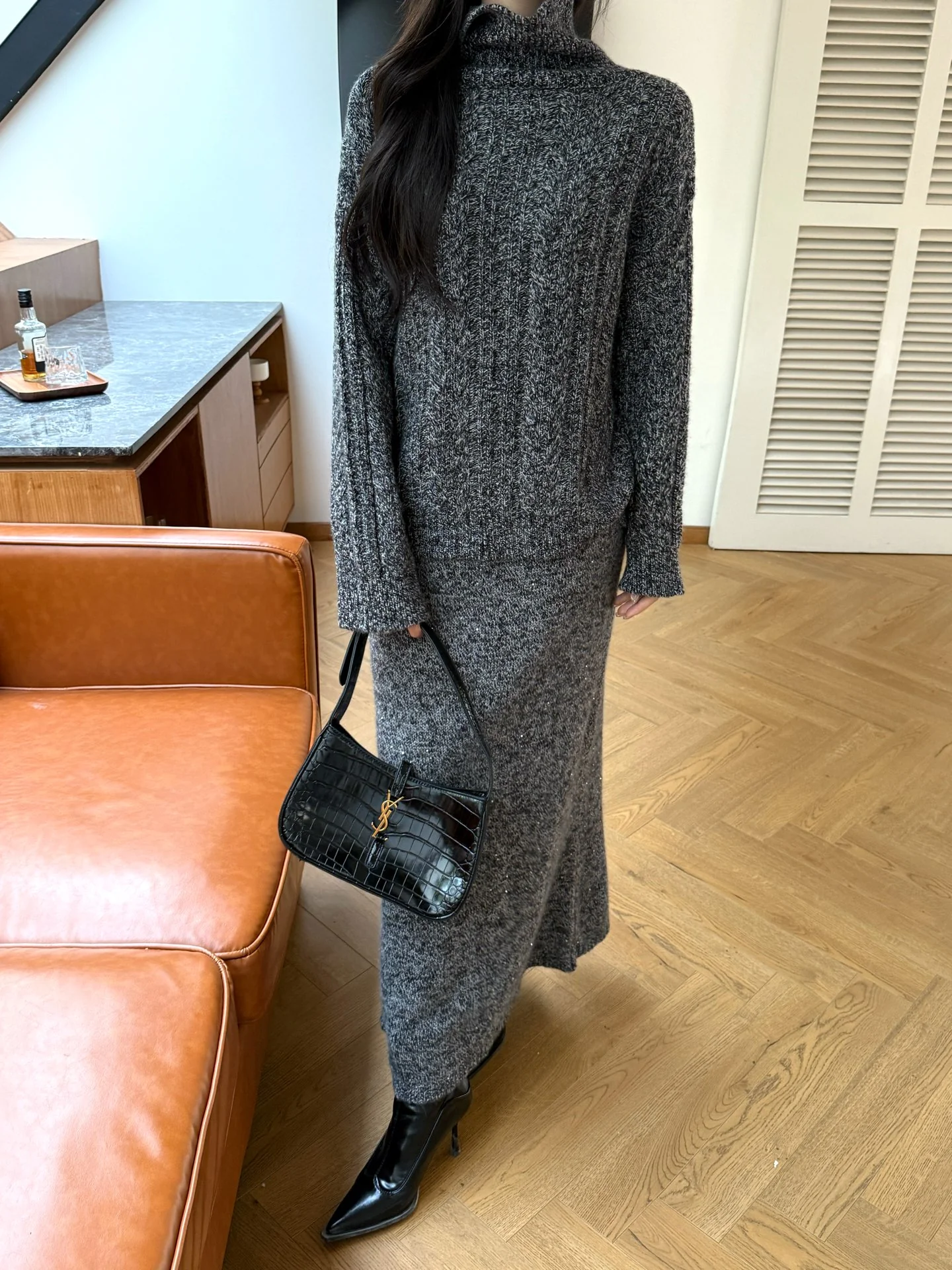 Brun 26ss knit high neck sweater+skirt suit