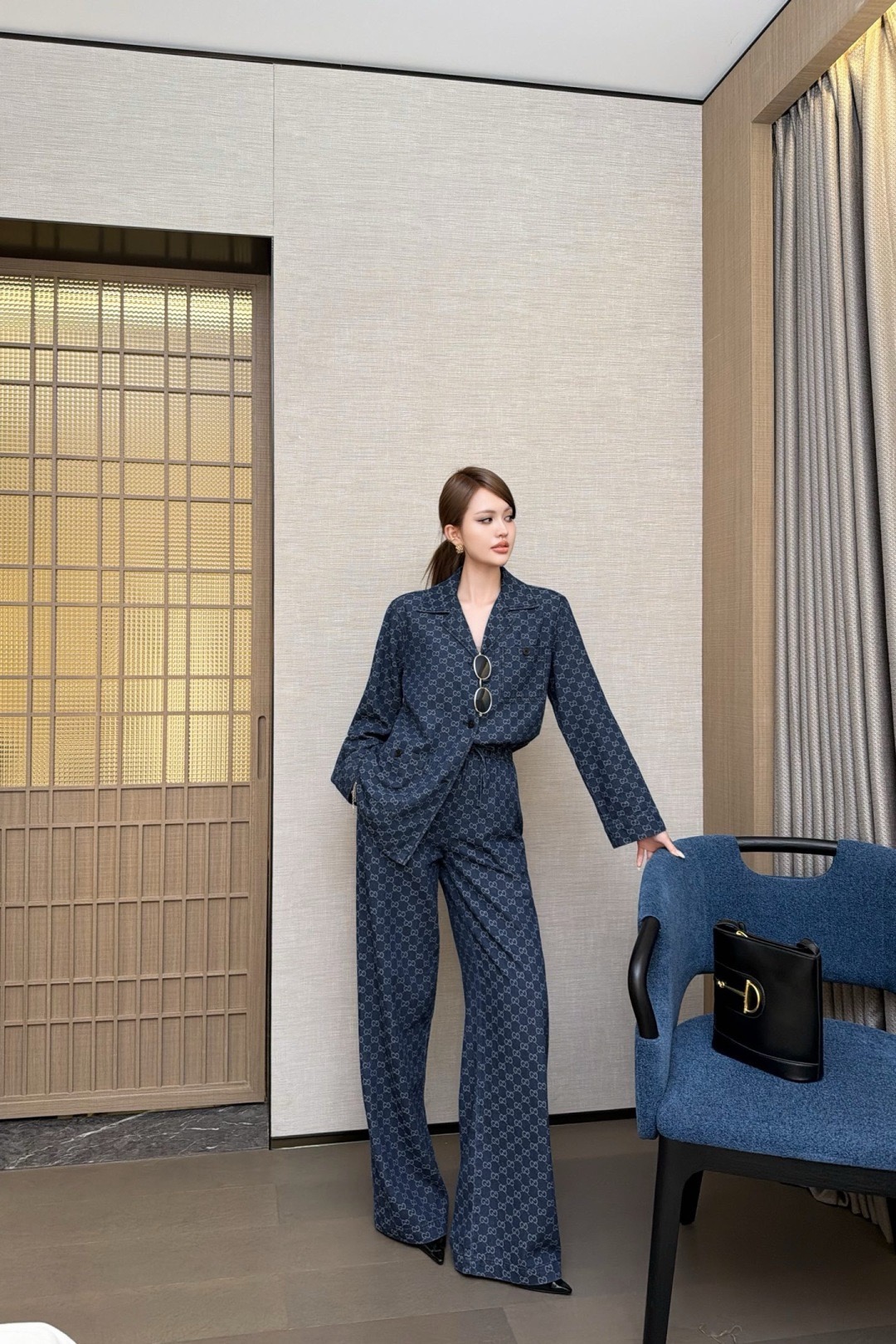 Guc 26ss jacquard denim jacket pants set