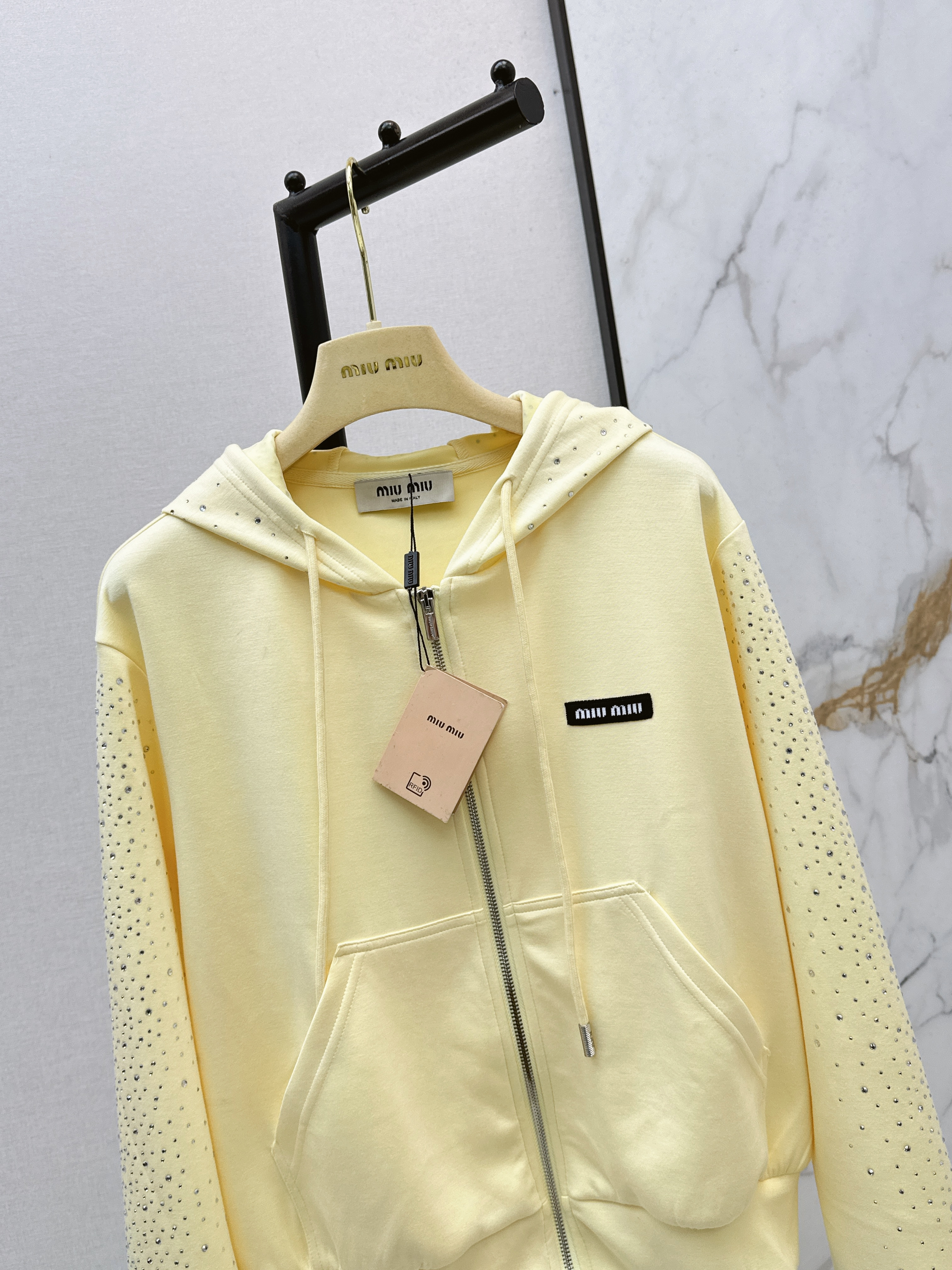 Miu 26ss rhinestone hooded jacket