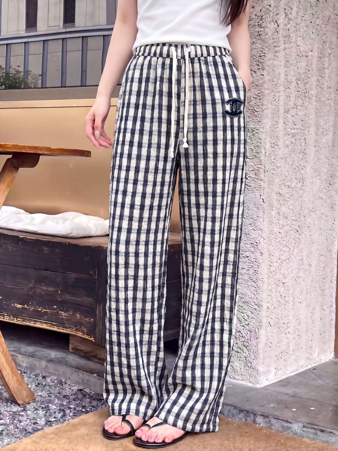 Chan 26ss check wide-leg pants