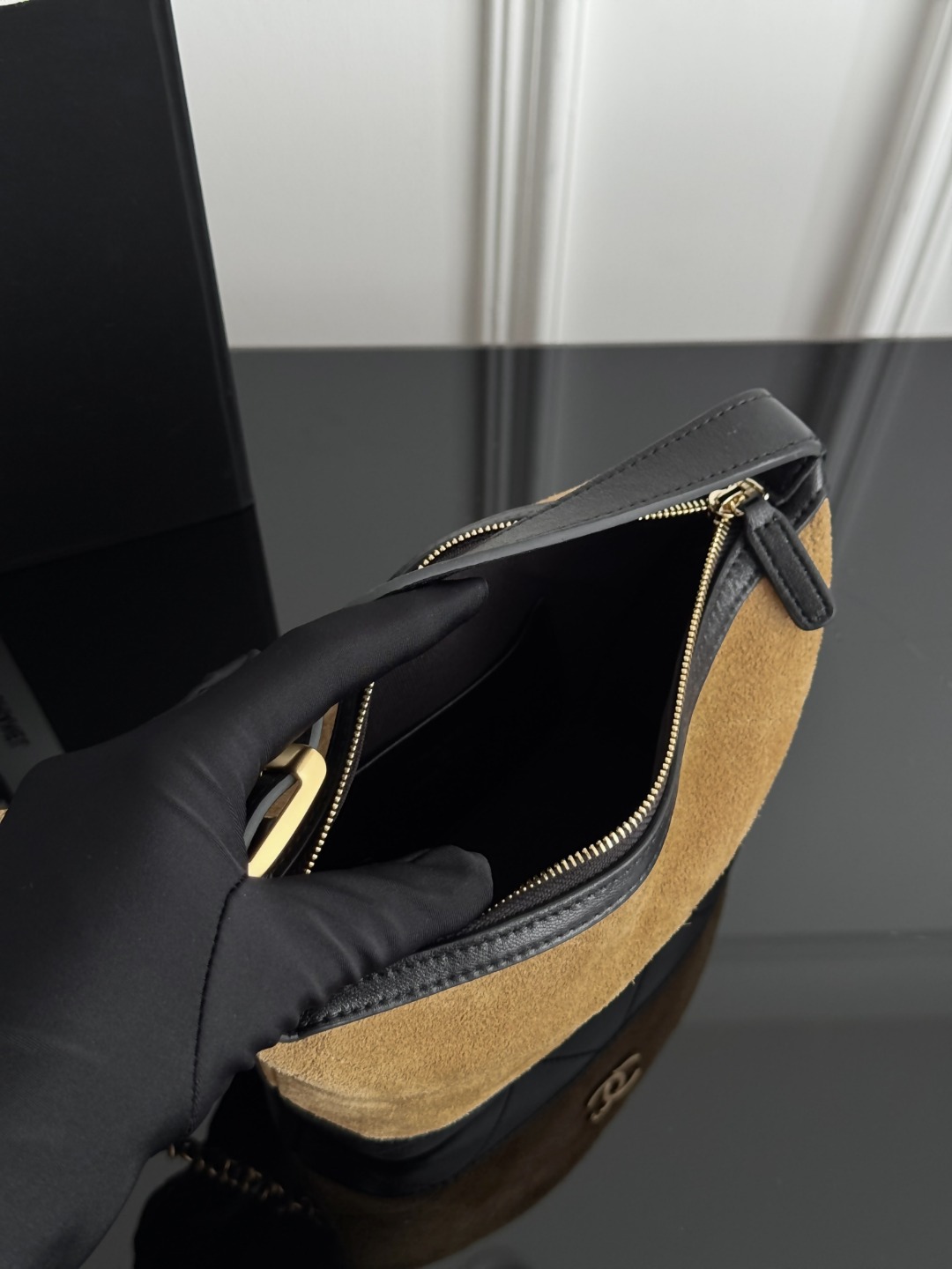 Chan 26S suede clutch with chain
