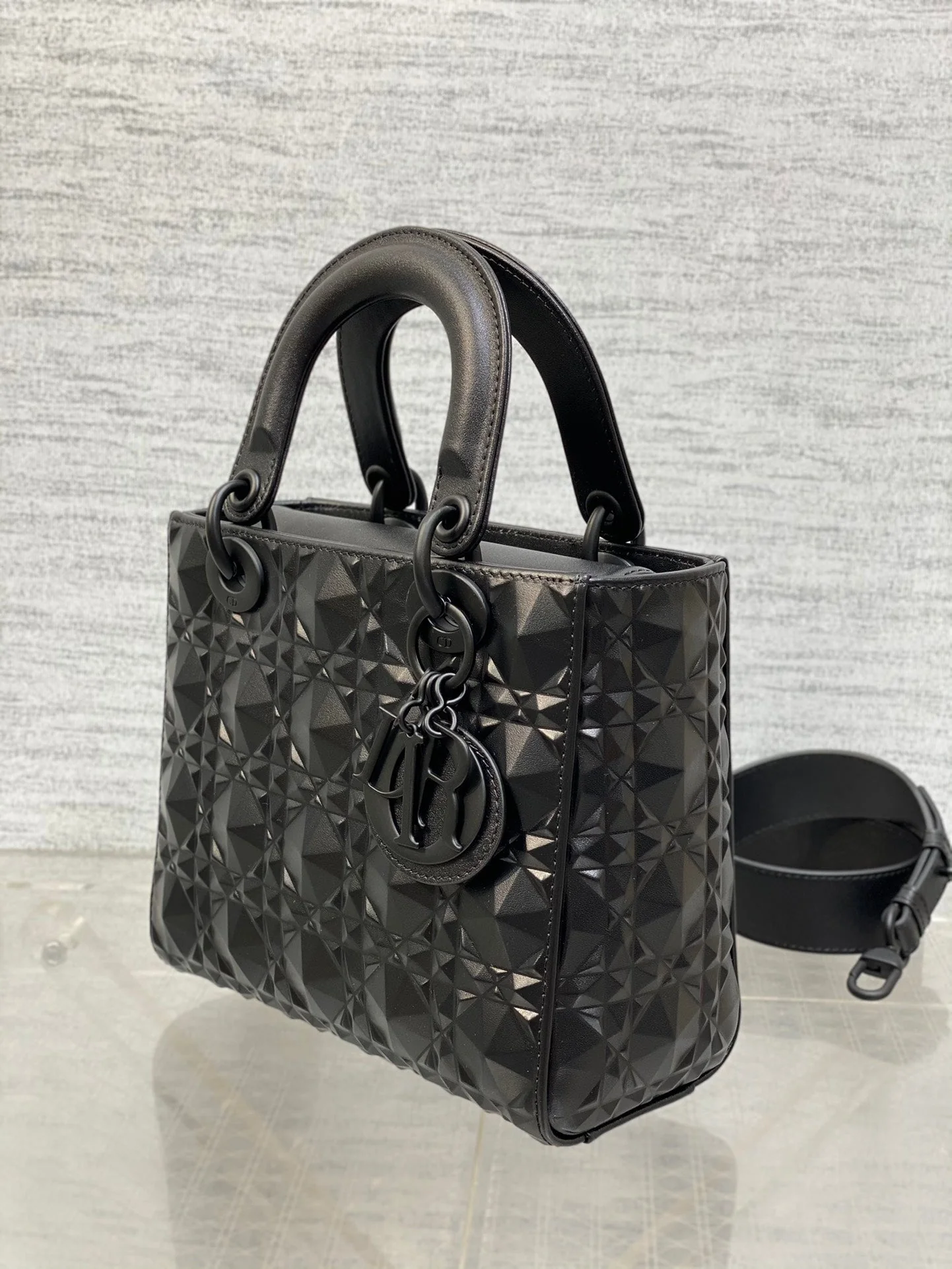 DO  Mini Lady Bag  Matte Black Diamond Pattern Calfskin