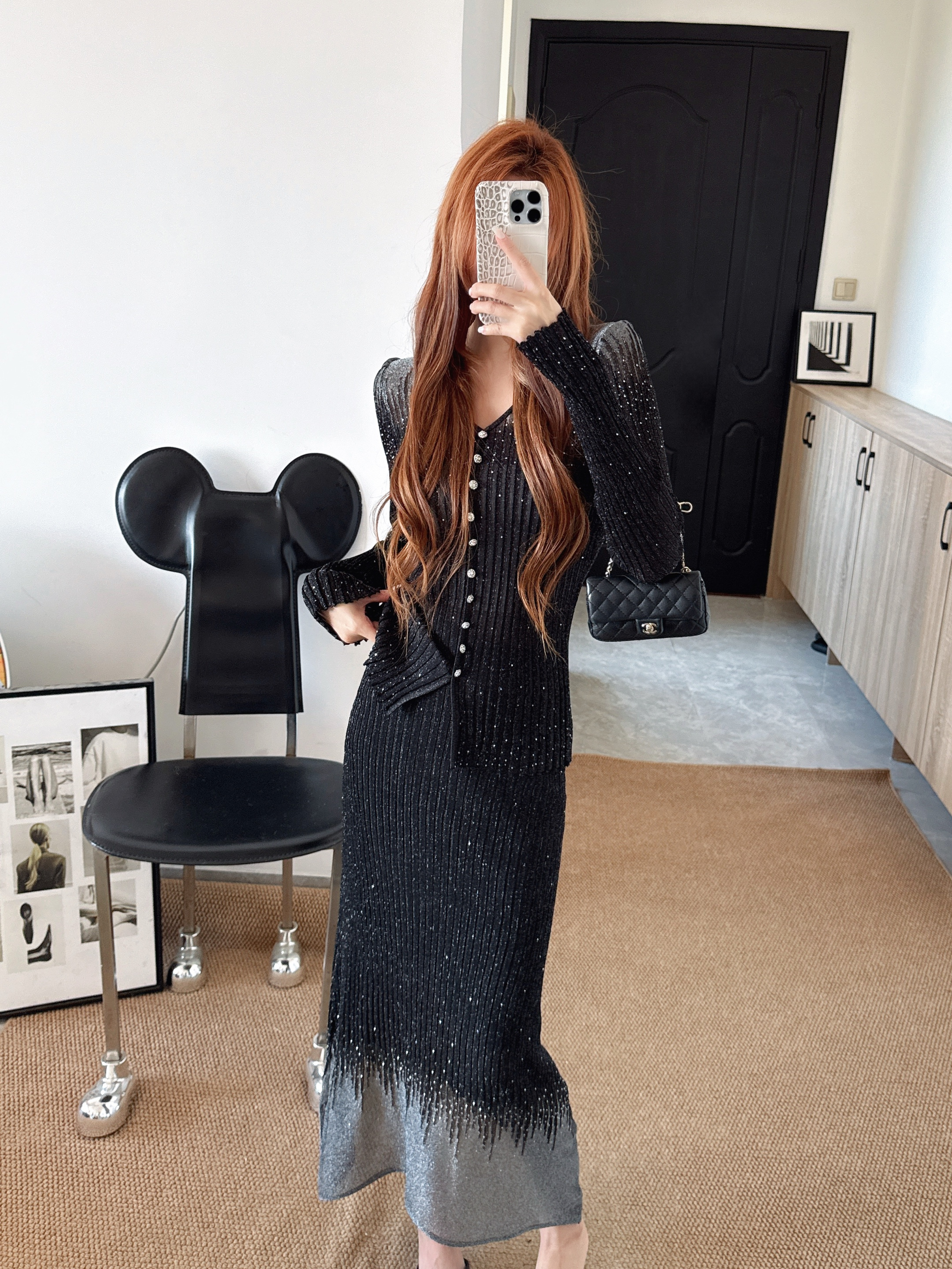 Chan 26ss rhinestone knit suit