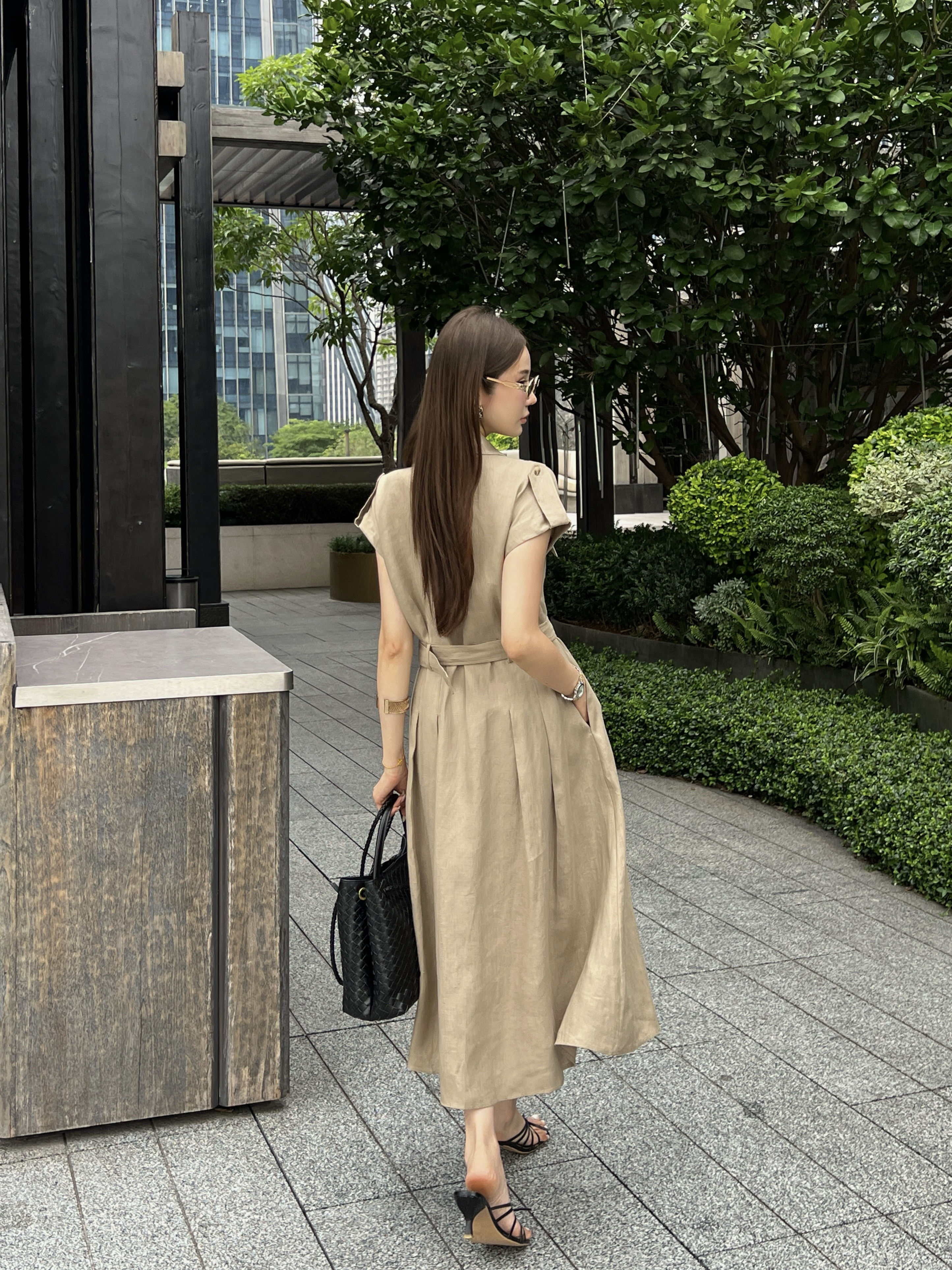 Khaki Sleeveless Belted Shirt Dress