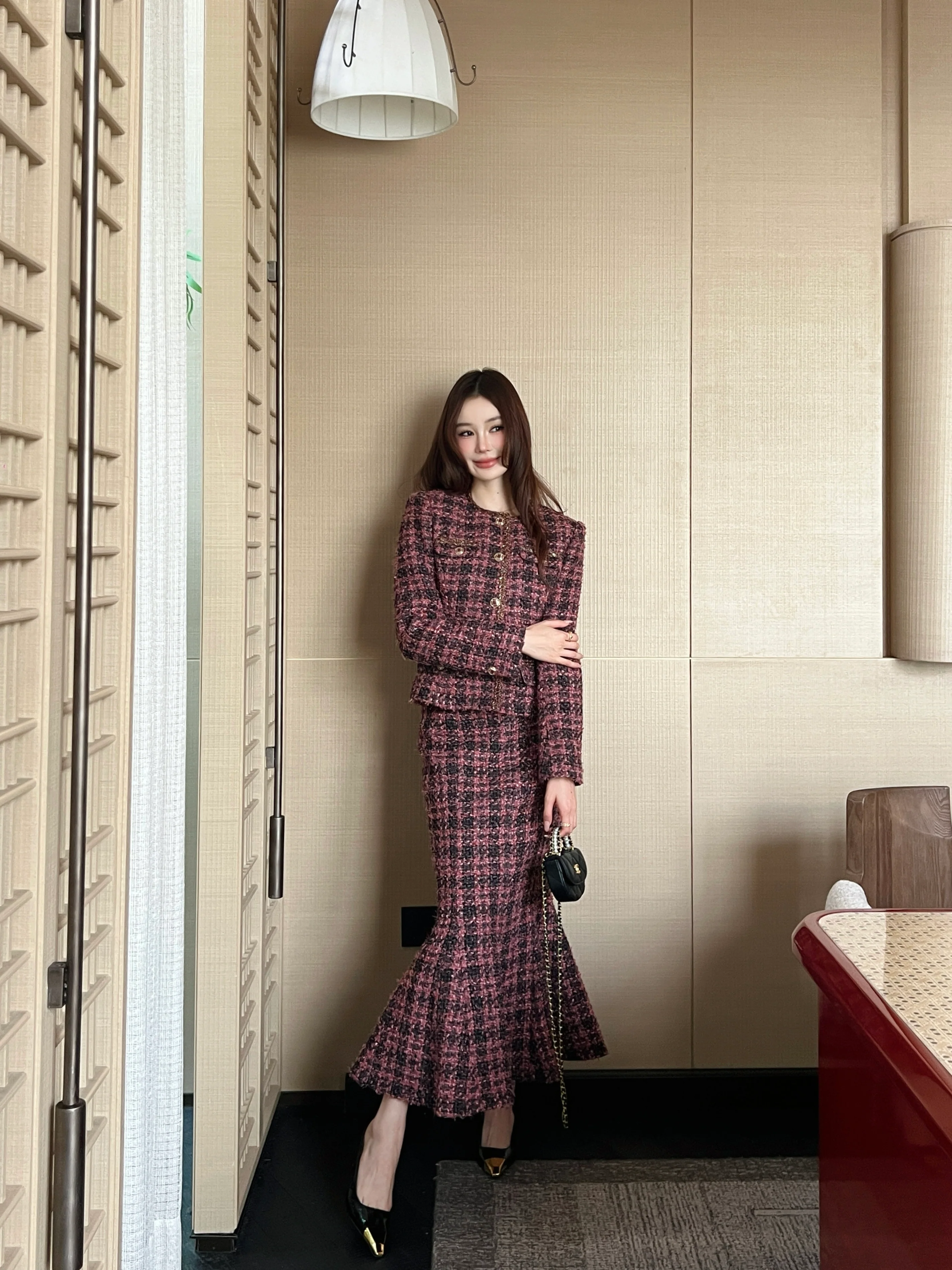 Chan 26ss woven tweed jacket+mermaid skirt set