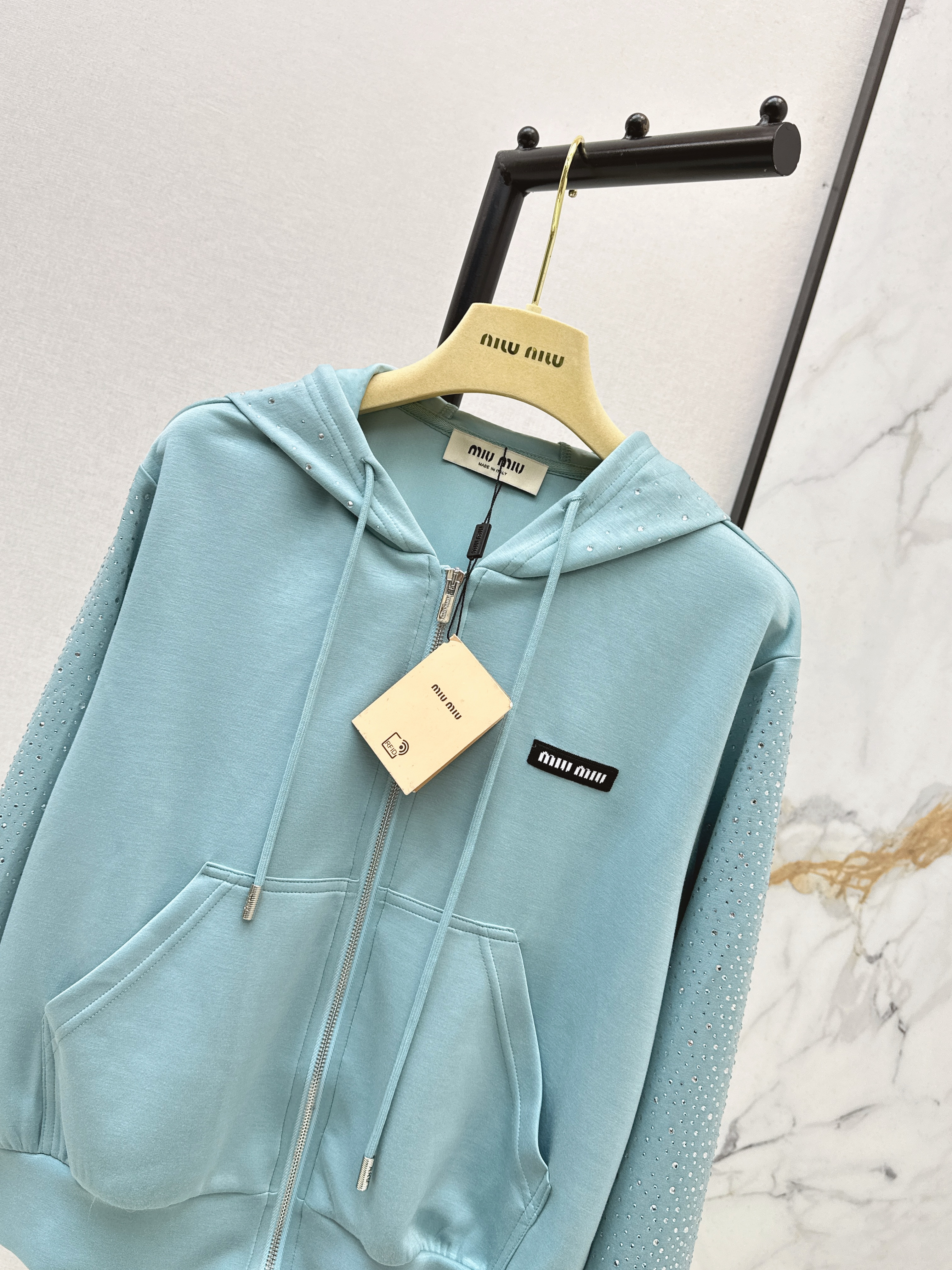 Miu 26ss rhinestone hooded jacket