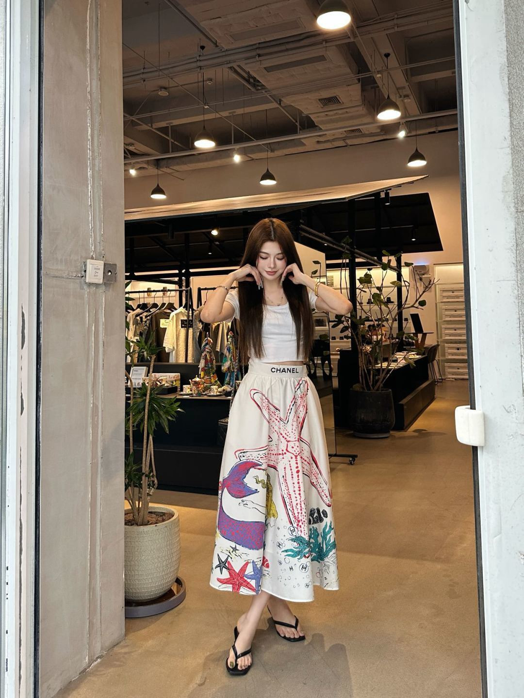 Chan 26ss Ocean Print A-Line Midi Skirt
