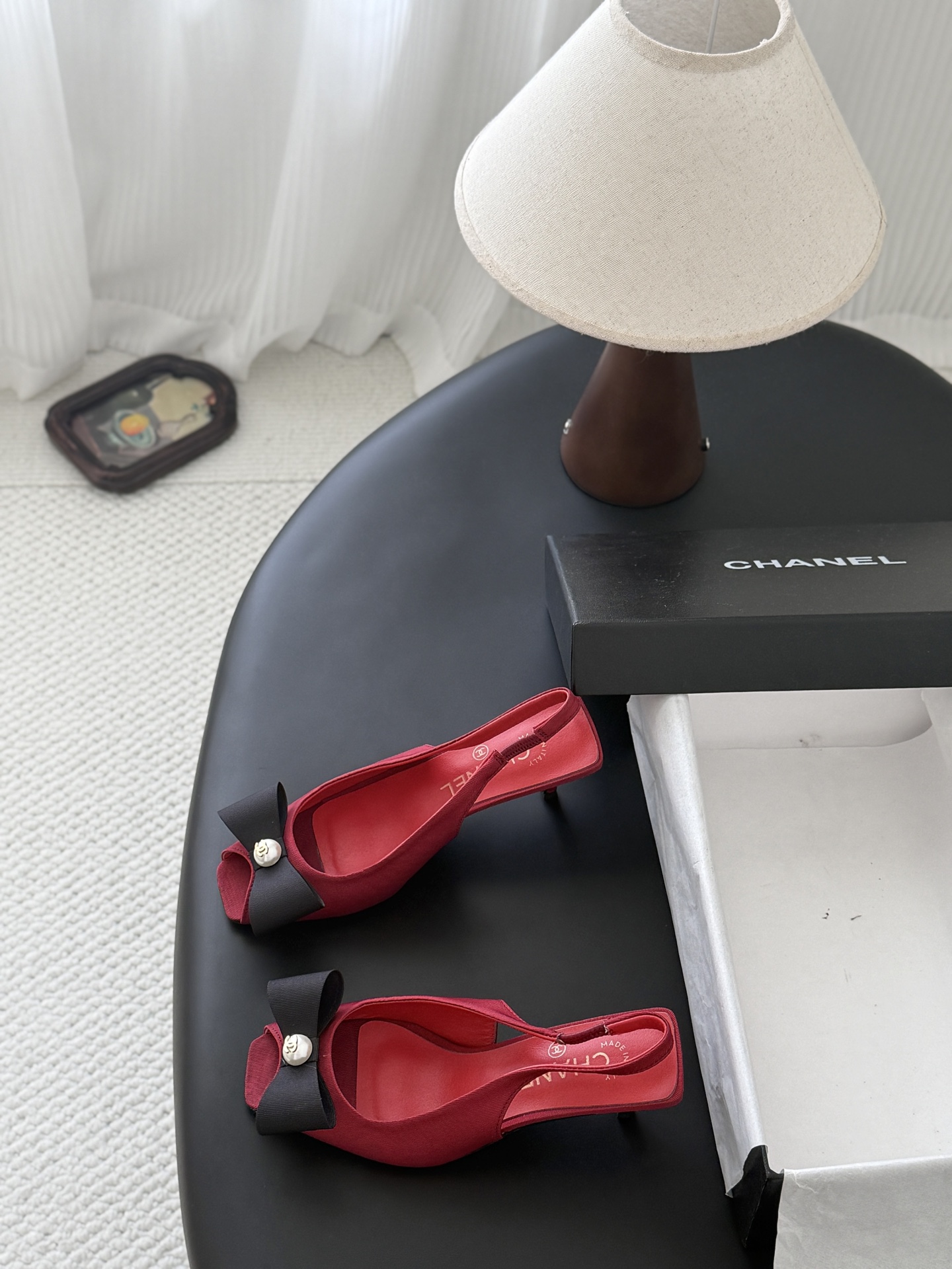 Chan 26K peep toe slingback heels