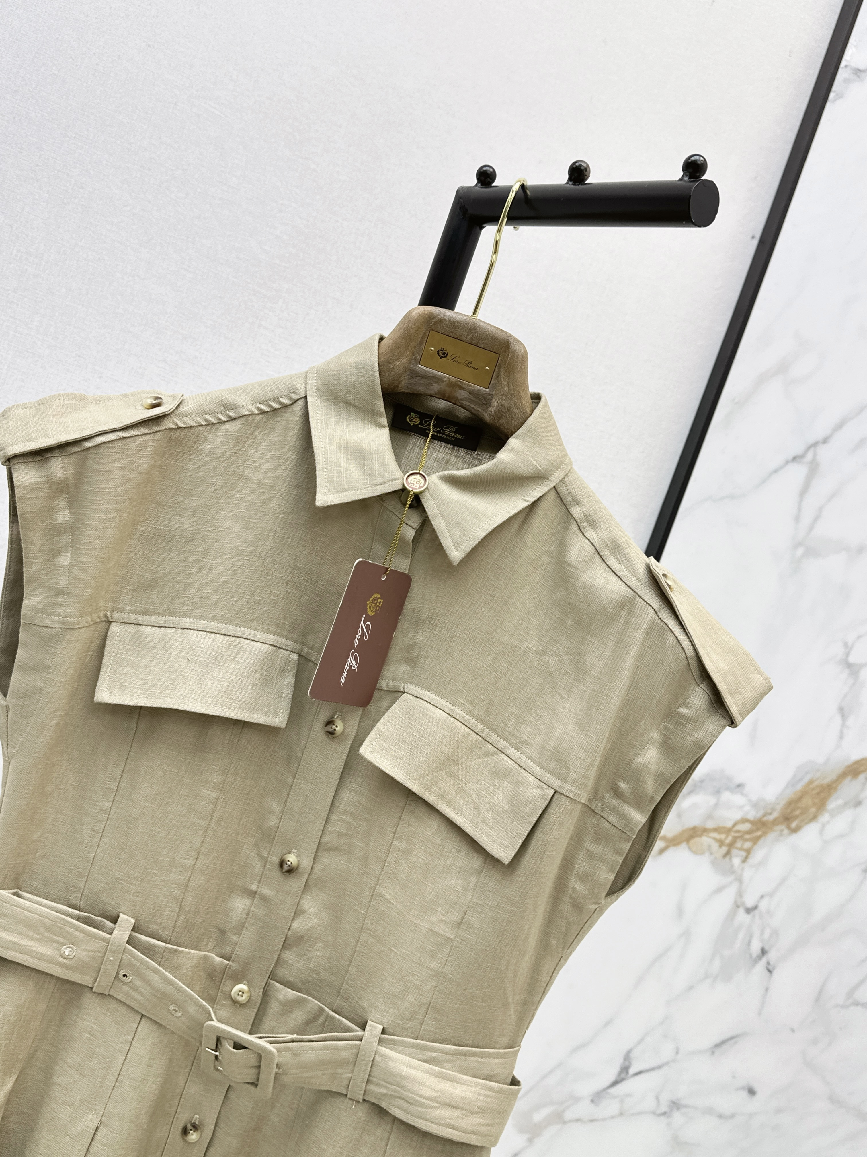 Khaki Sleeveless Belted Shirt Dress