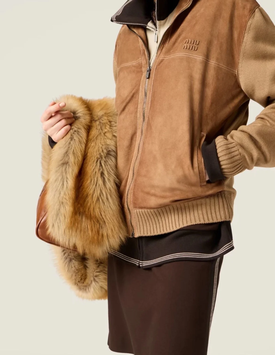 Miu 26ss wool contact sheepskin zipper cardigan