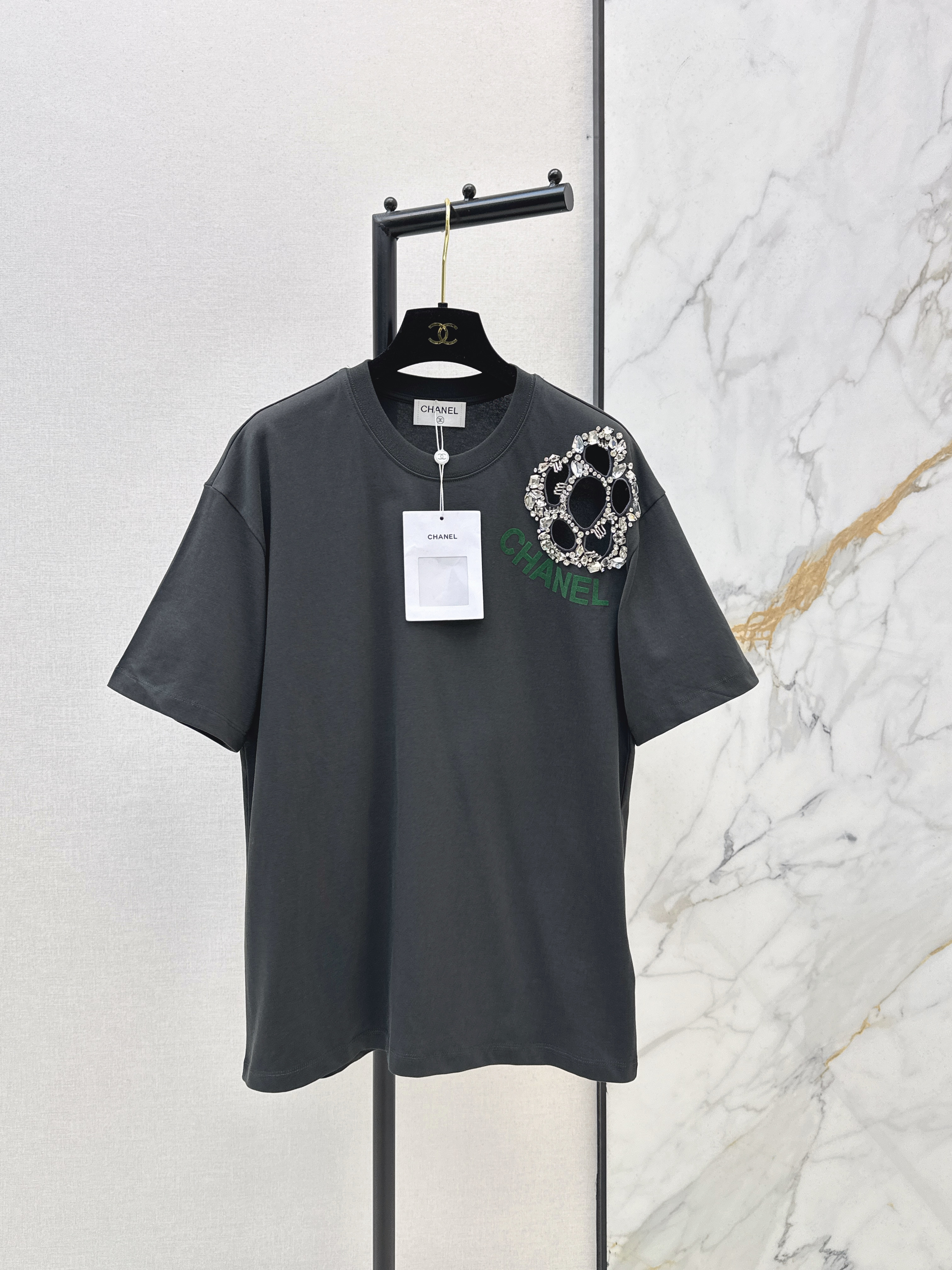 Chan 26ss flower rhinestone t-shirts