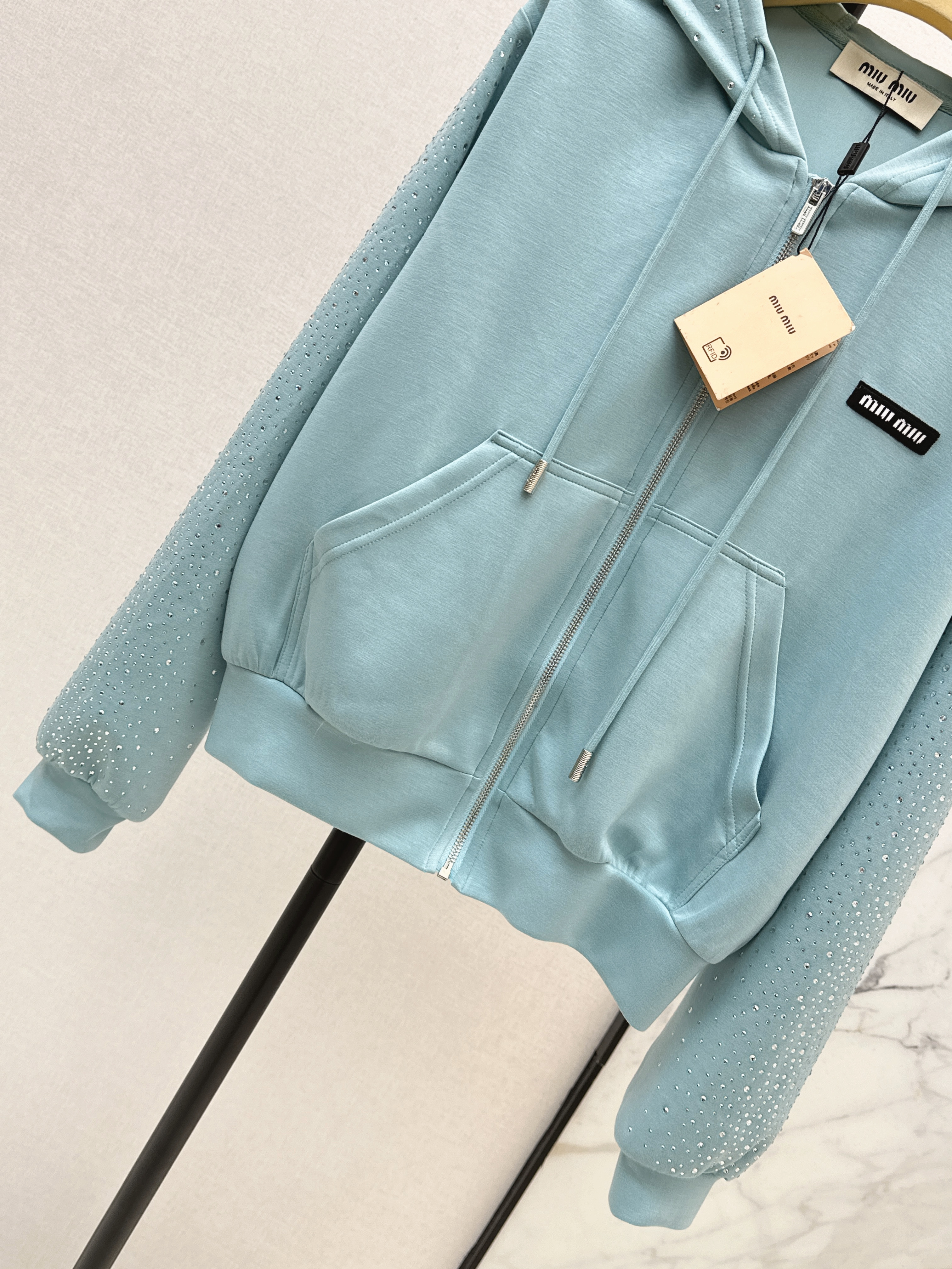 Miu 26ss rhinestone hooded jacket