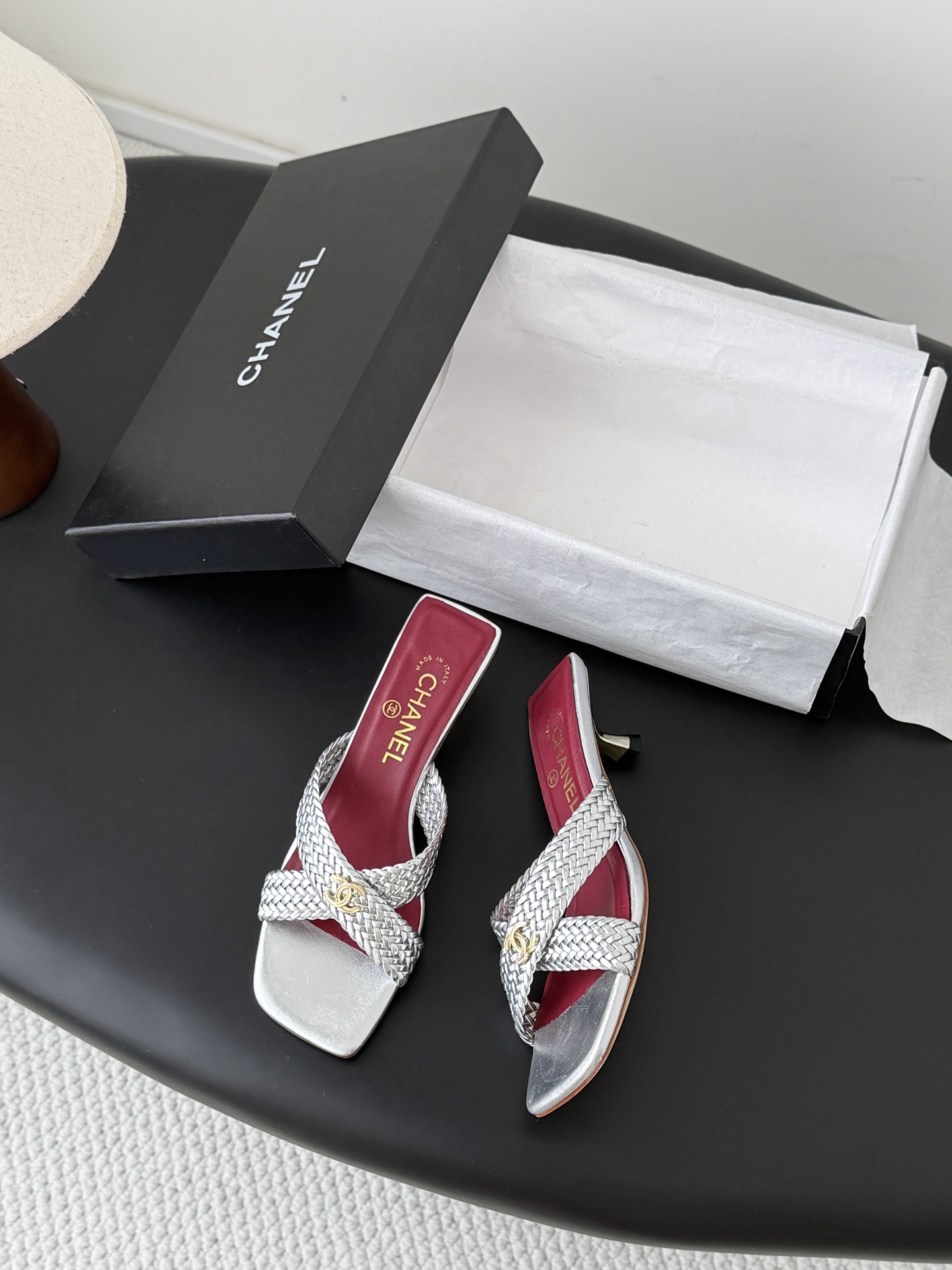 Chan 26ss cross-strap heeled mule sandals