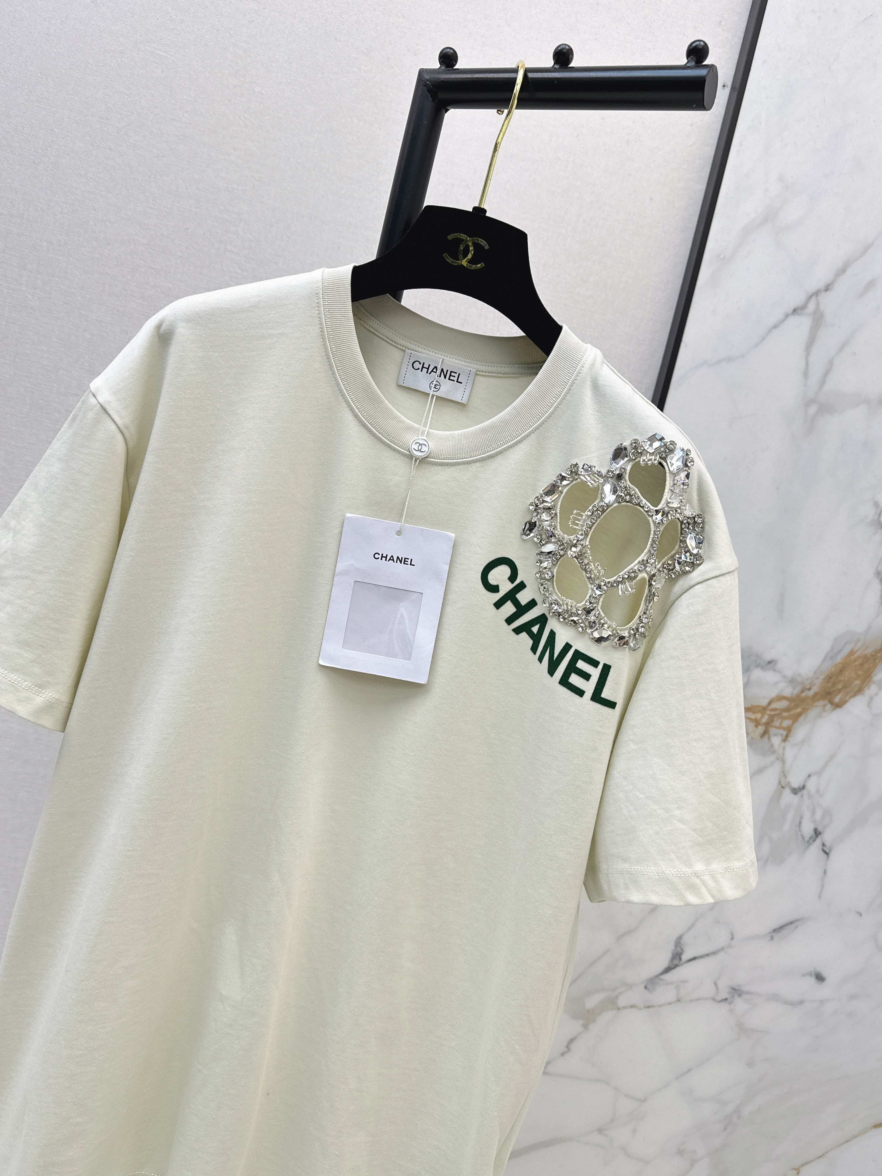 Chan 26ss flower rhinestone t-shirts