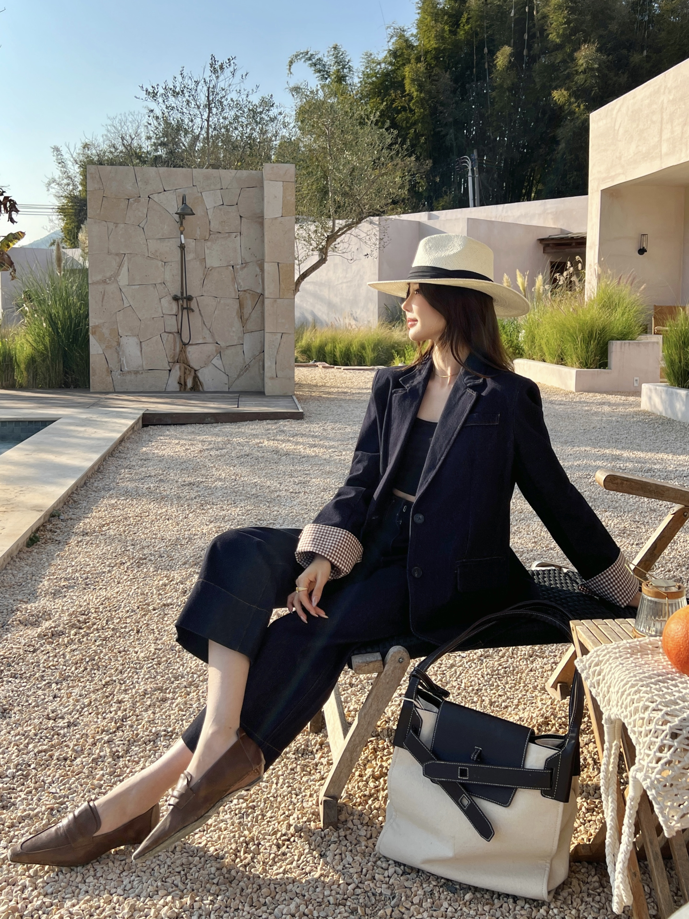 Brun 26ss check contract denim blazer