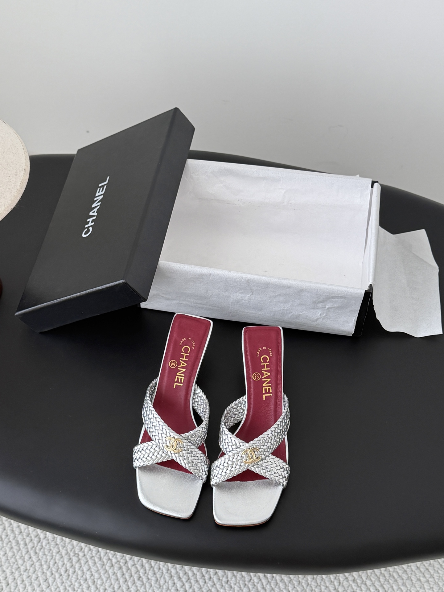 Chan 26ss cross-strap heeled mule sandals