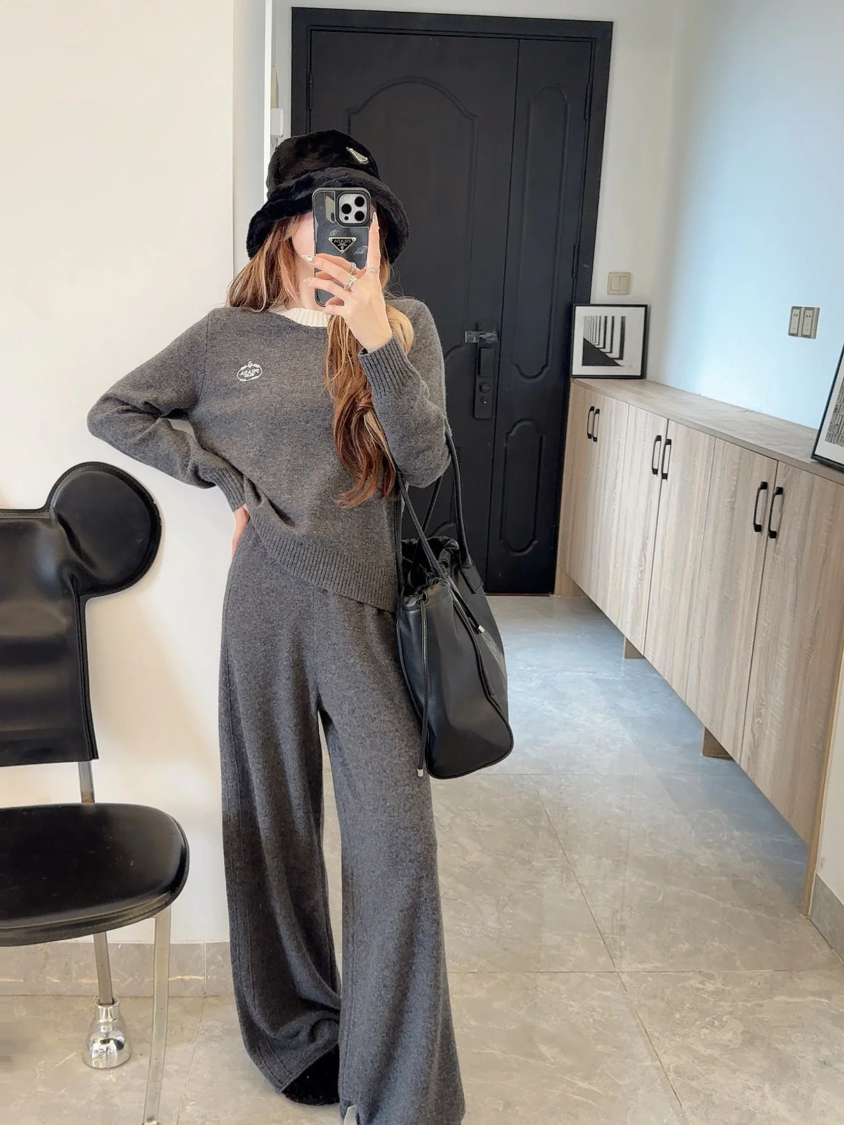 Prad 25fw wool sweater +wide-leg pants outfit set