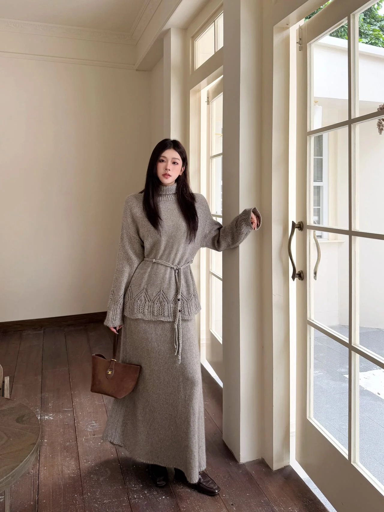 Brun 25fw knit high neck sweater+skirts outfit set