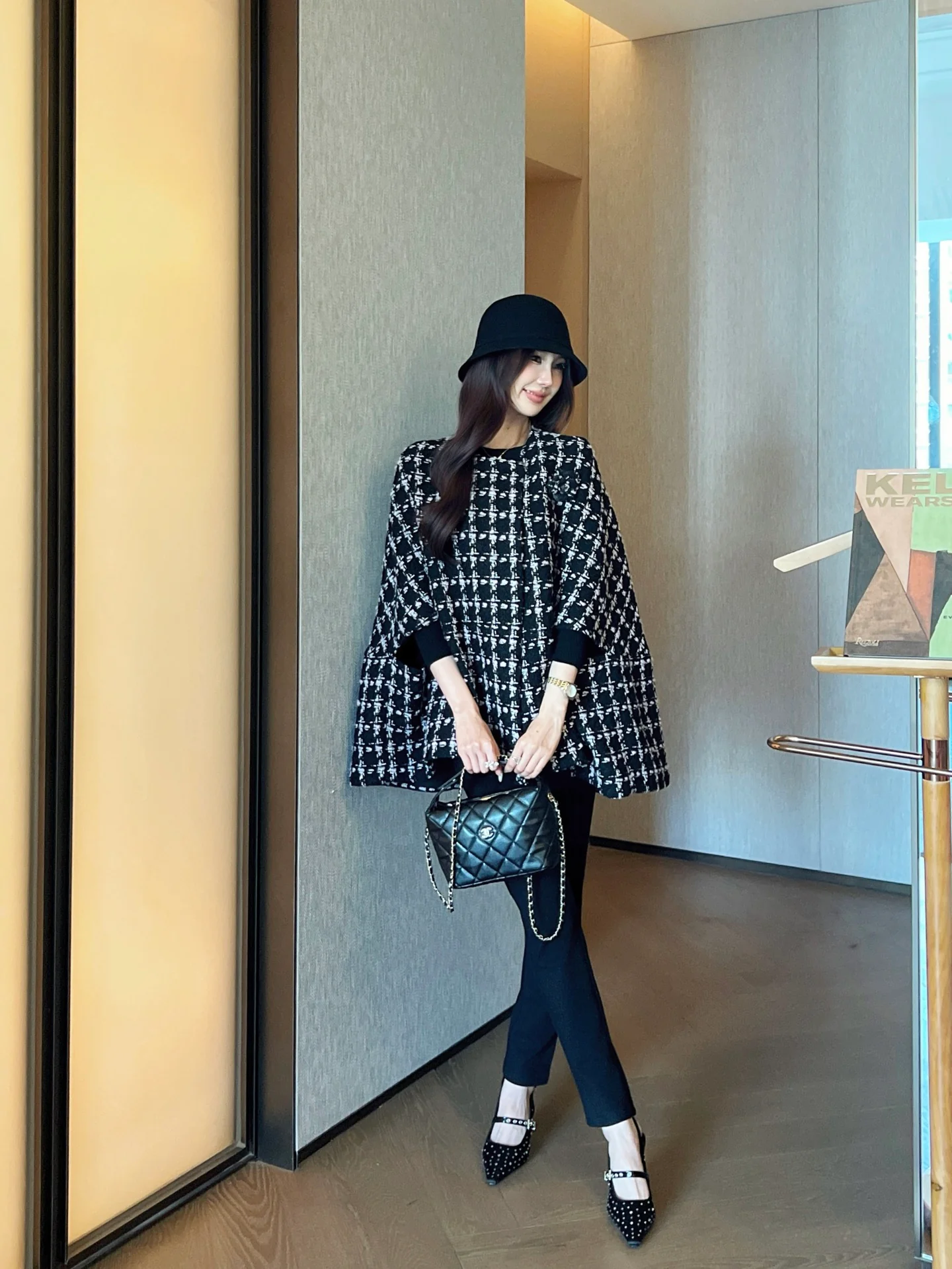 Chan 25fw check cape coat