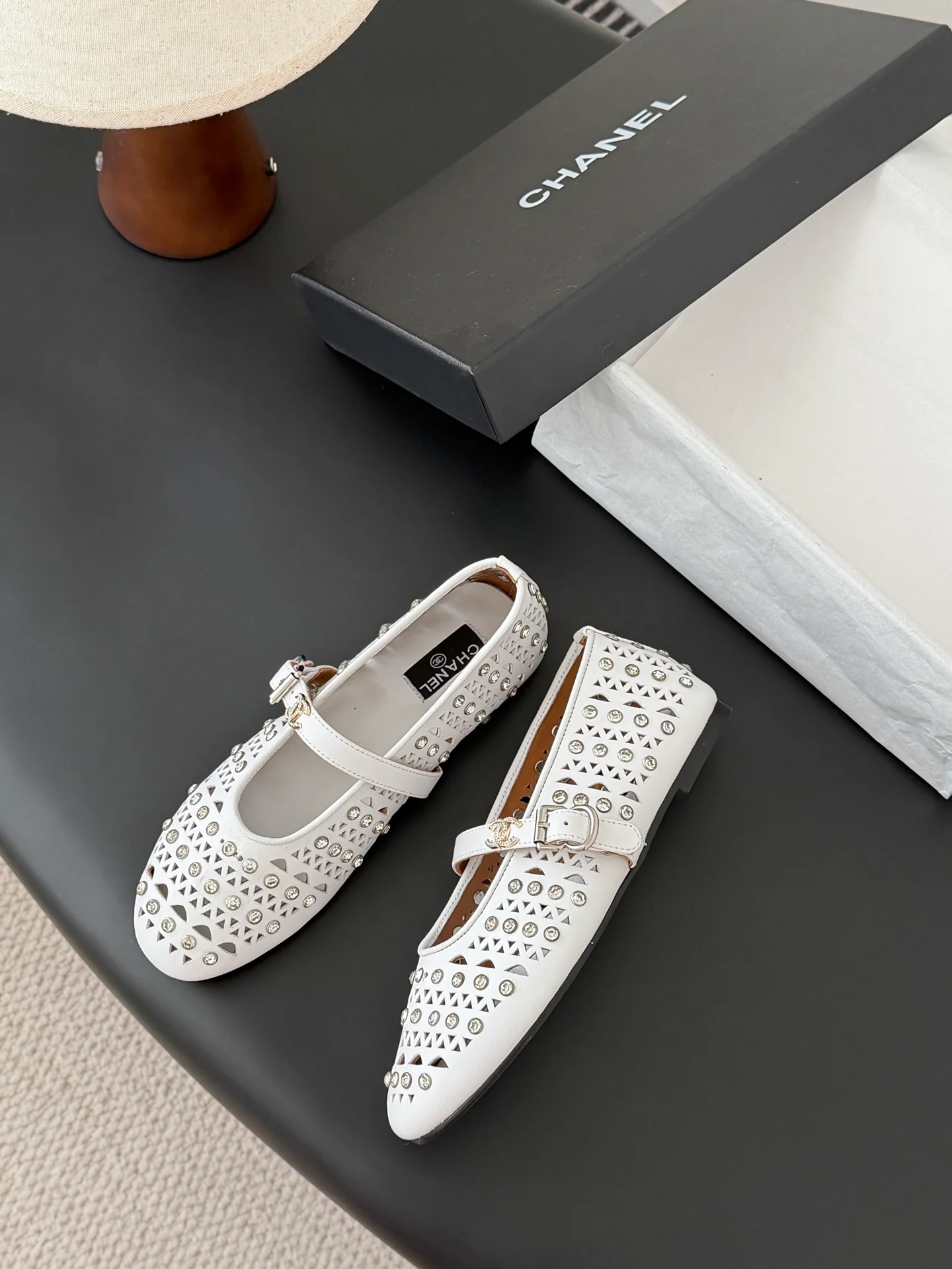 Chan 26ss mary jane hollow rhinestone shoes