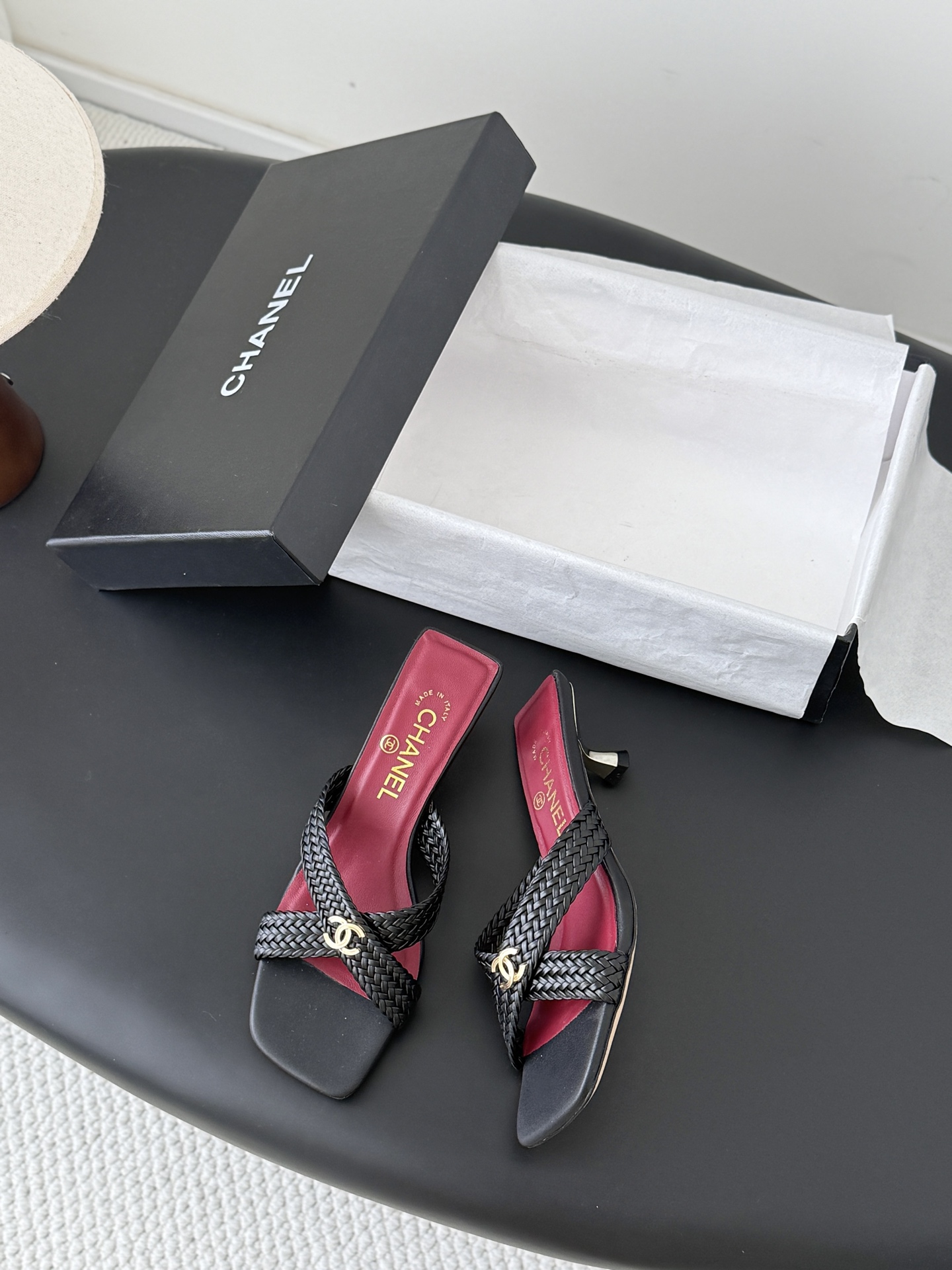 Chan 26ss cross-strap heeled mule sandals