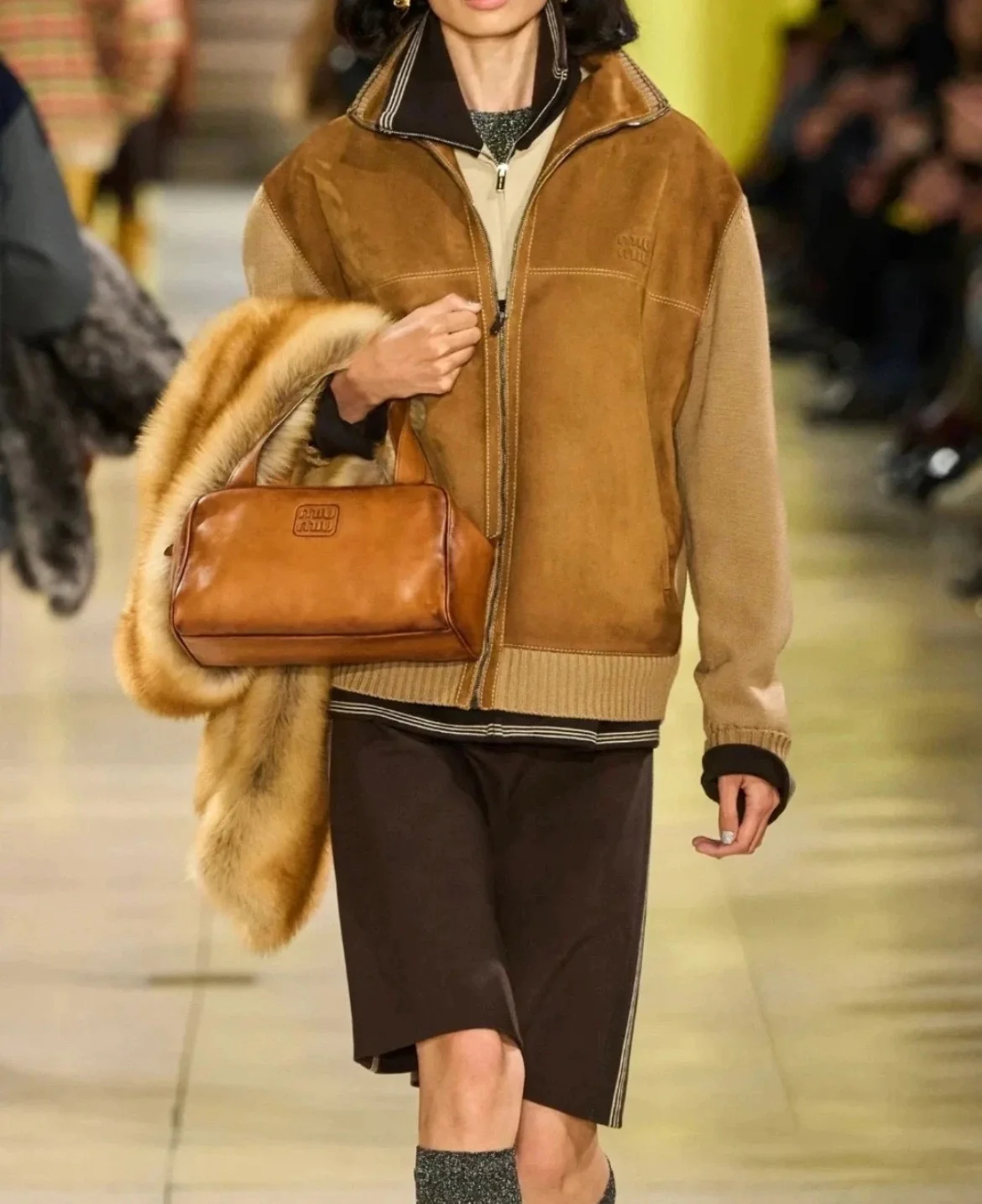 Miu 26ss wool contact sheepskin zipper cardigan