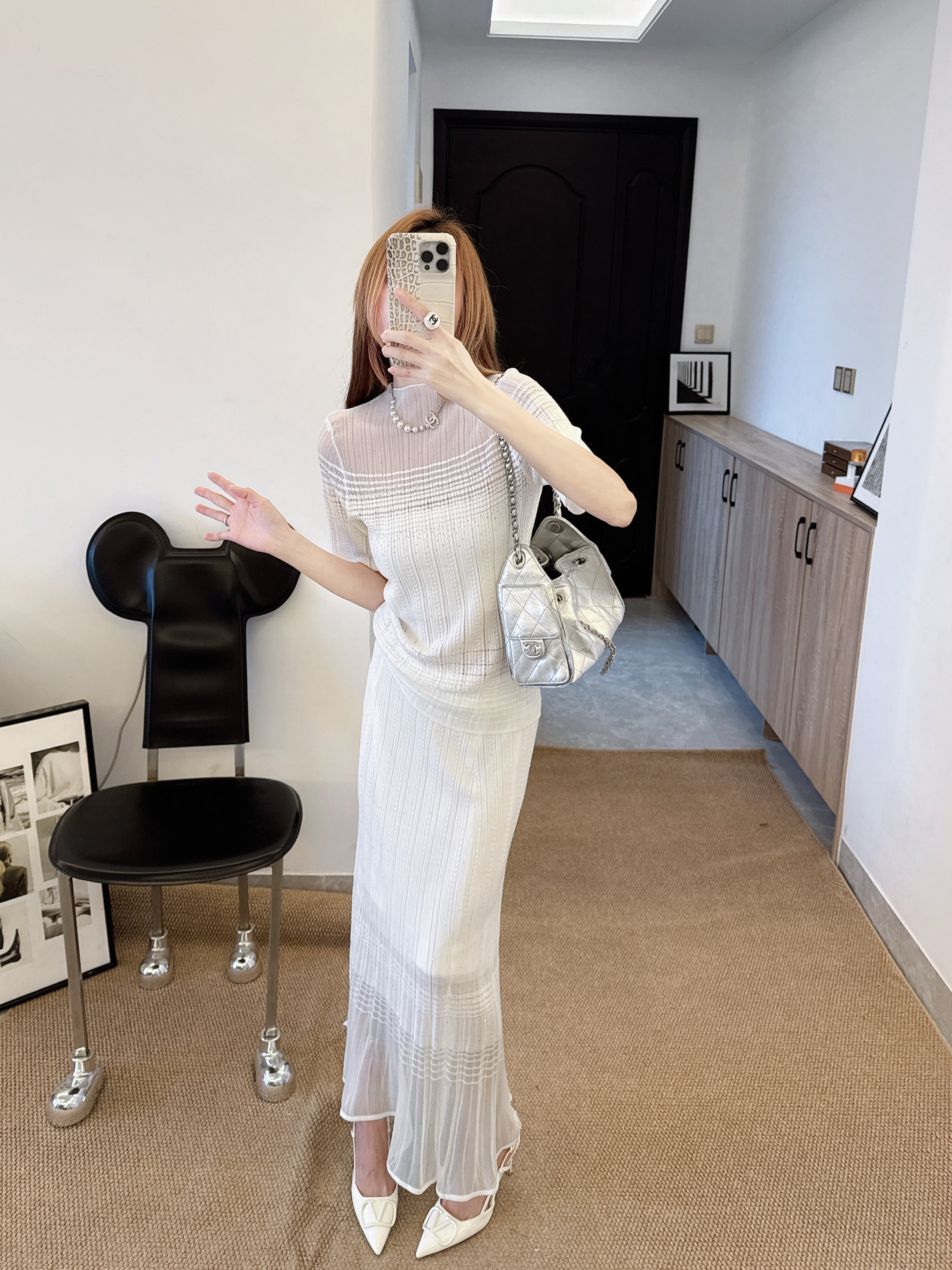 Chan 26ss omber knit top skirt set