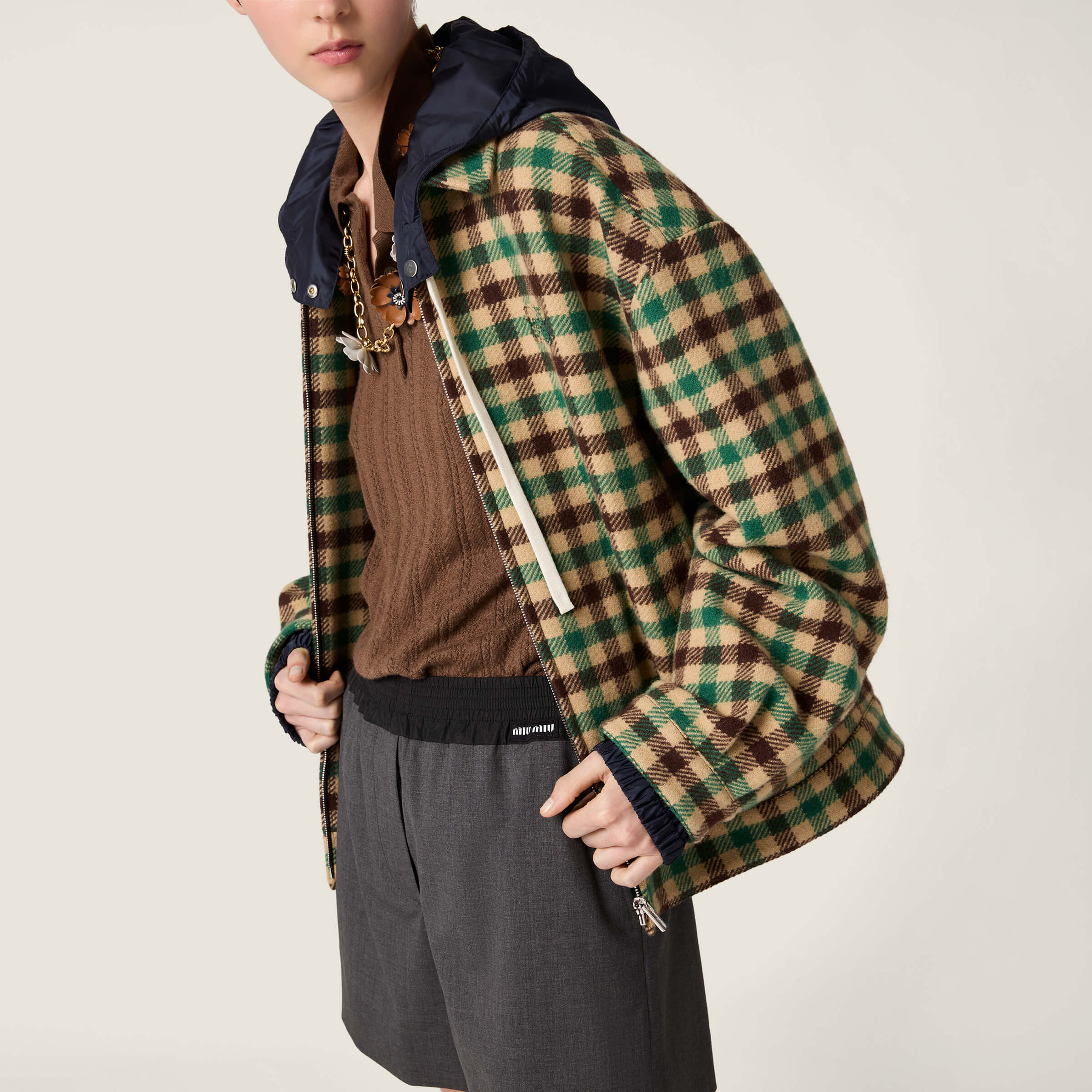 Miu 25fw hooded plaid jacket