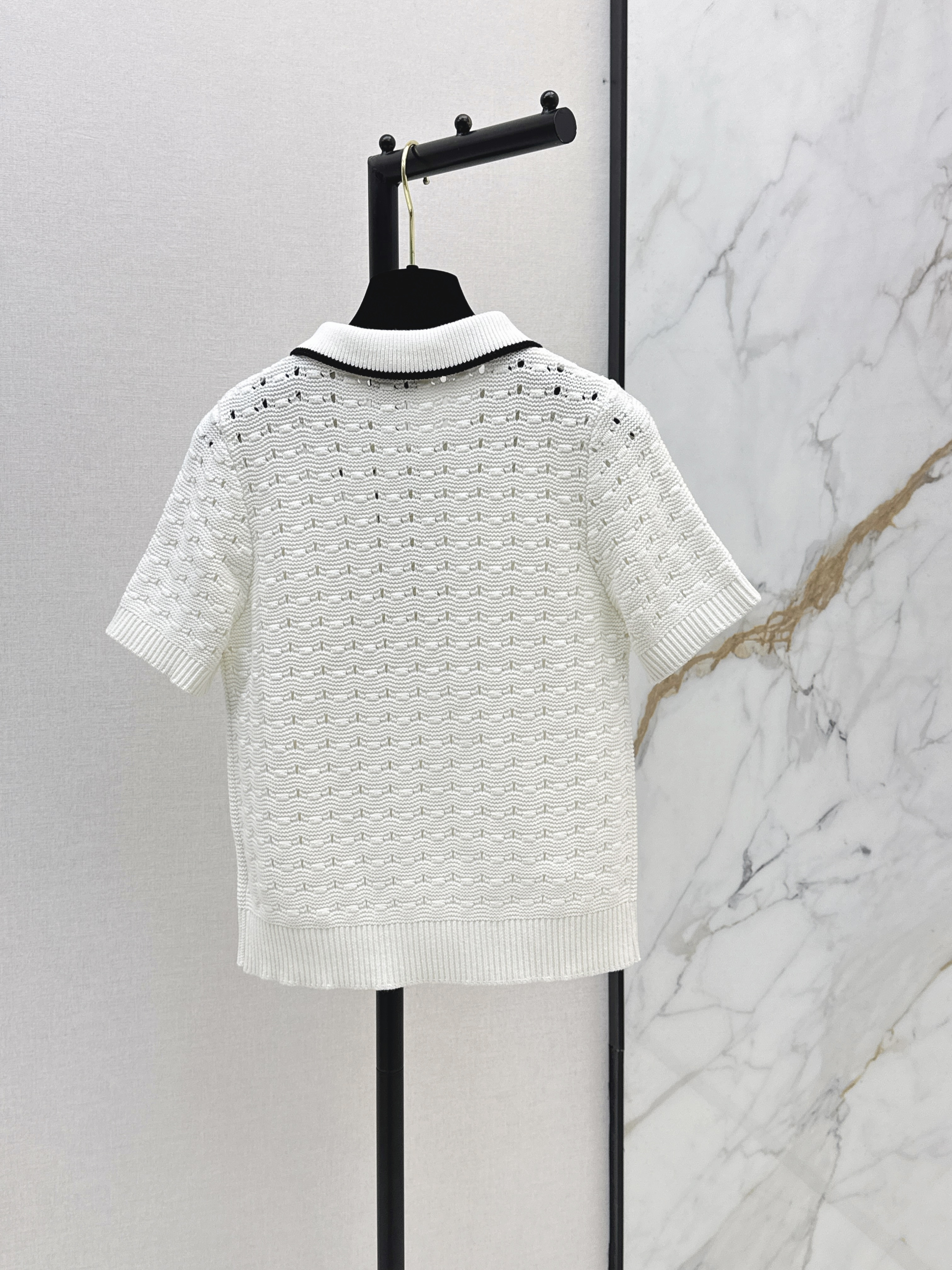 Chan 26ss White Contrast-Collar Knit Polo Top