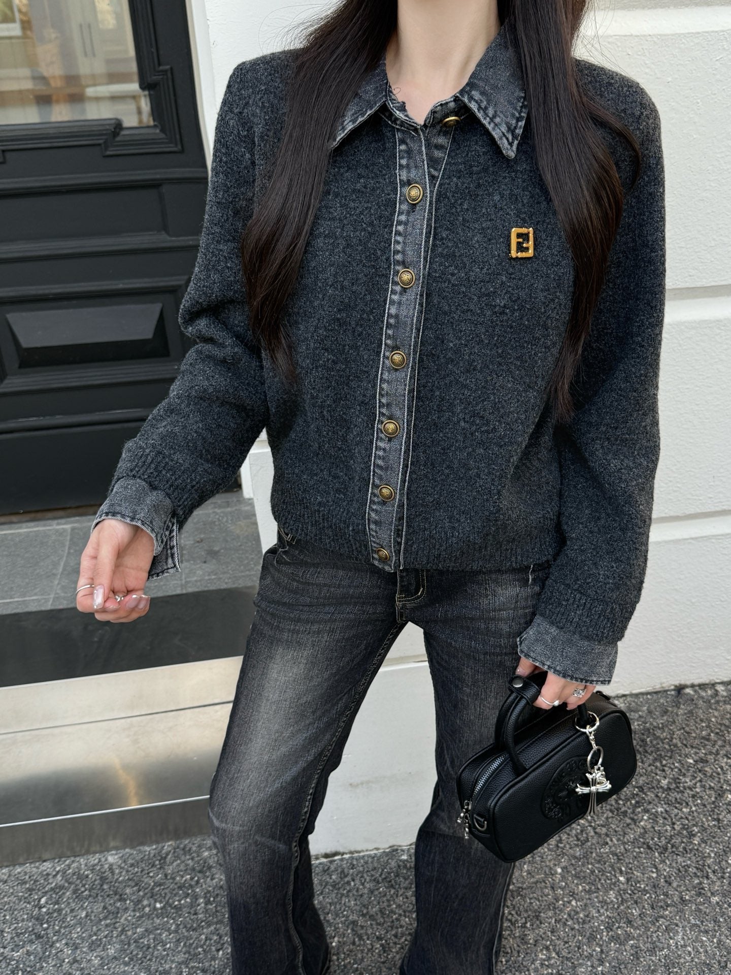 Fend 25fw contrast denim polo sweater