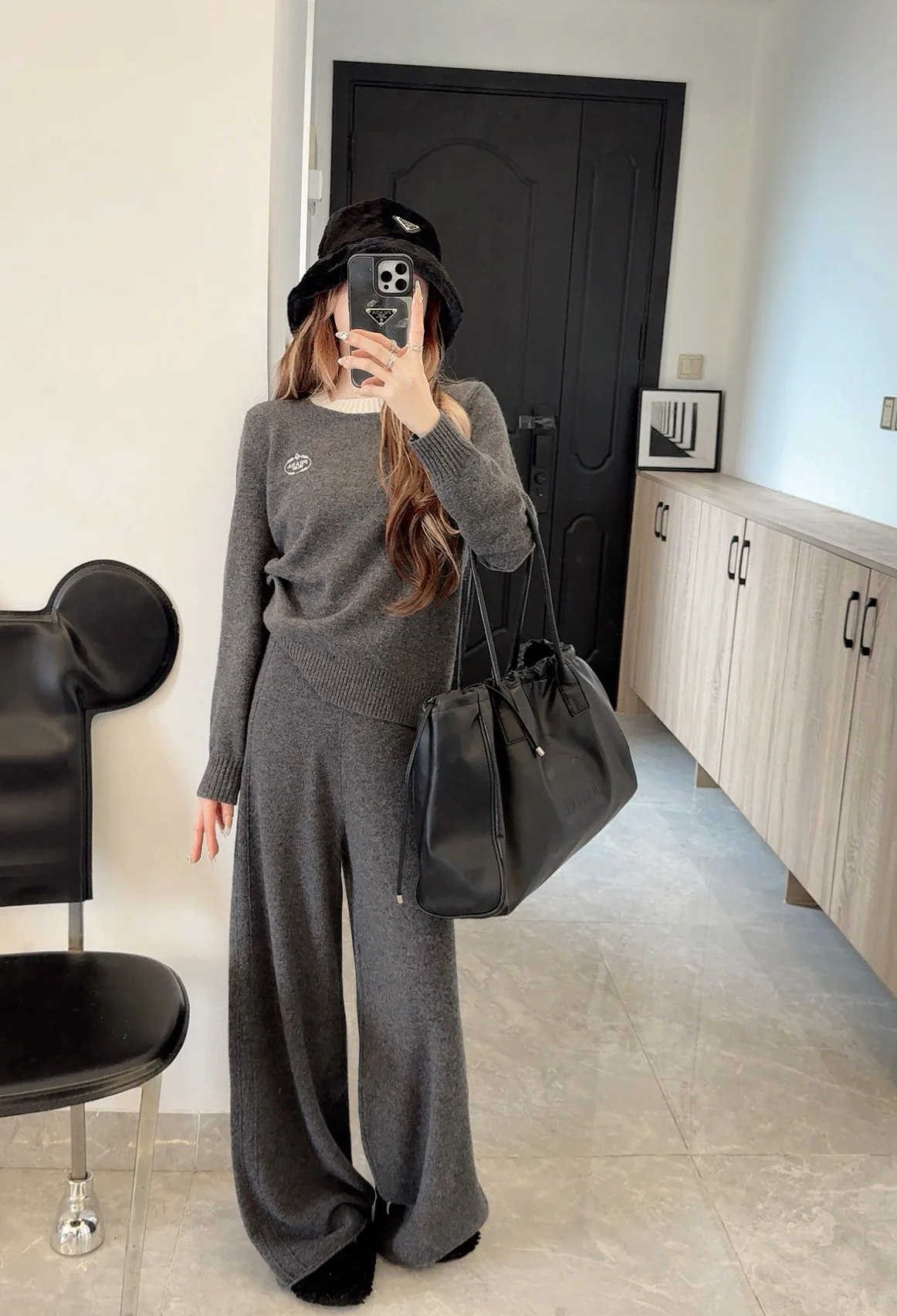 Prad 25fw wool sweater +wide-leg pants outfit set