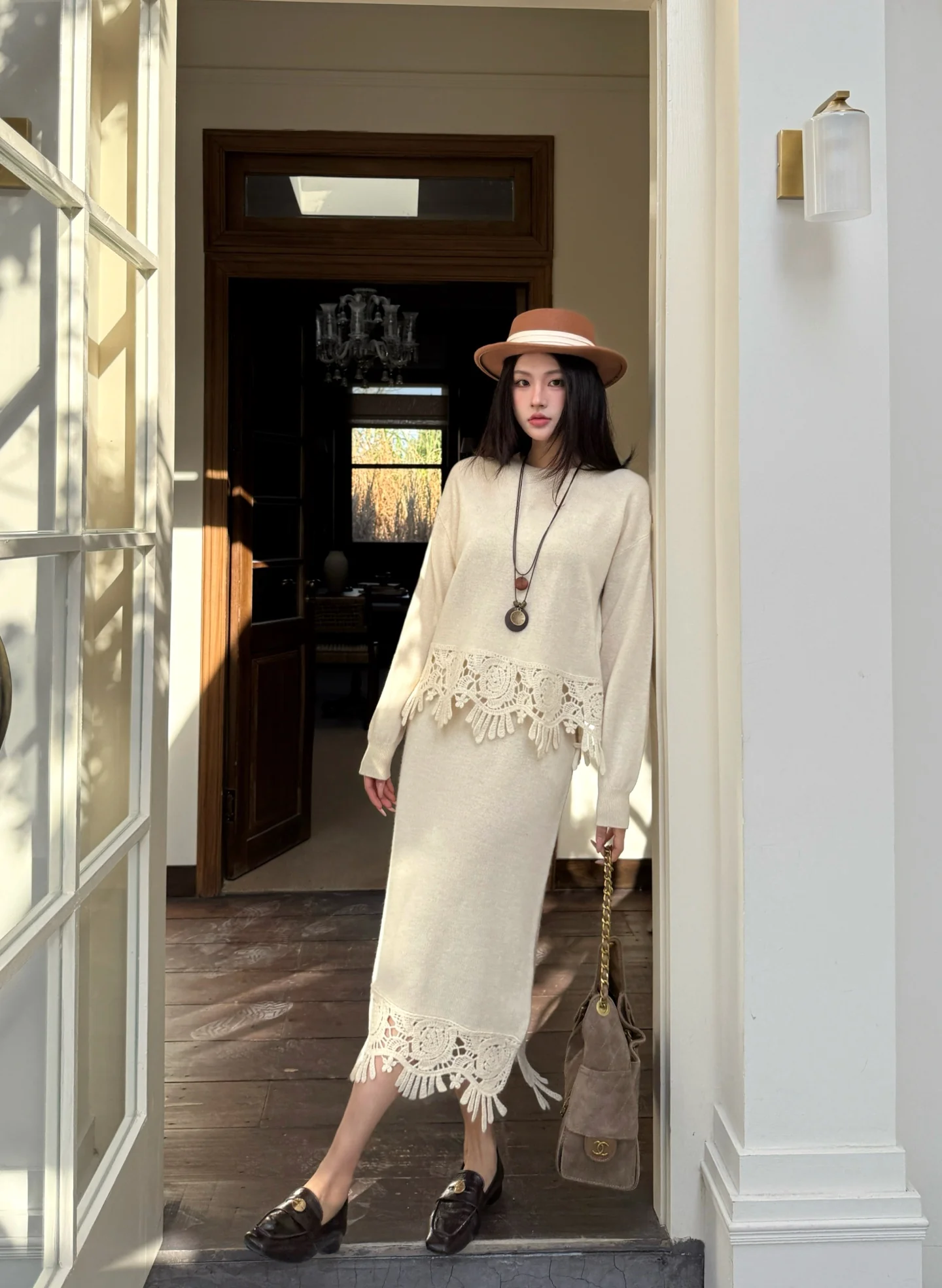 Miu 25fw knit bow sweater+pants outfit sets