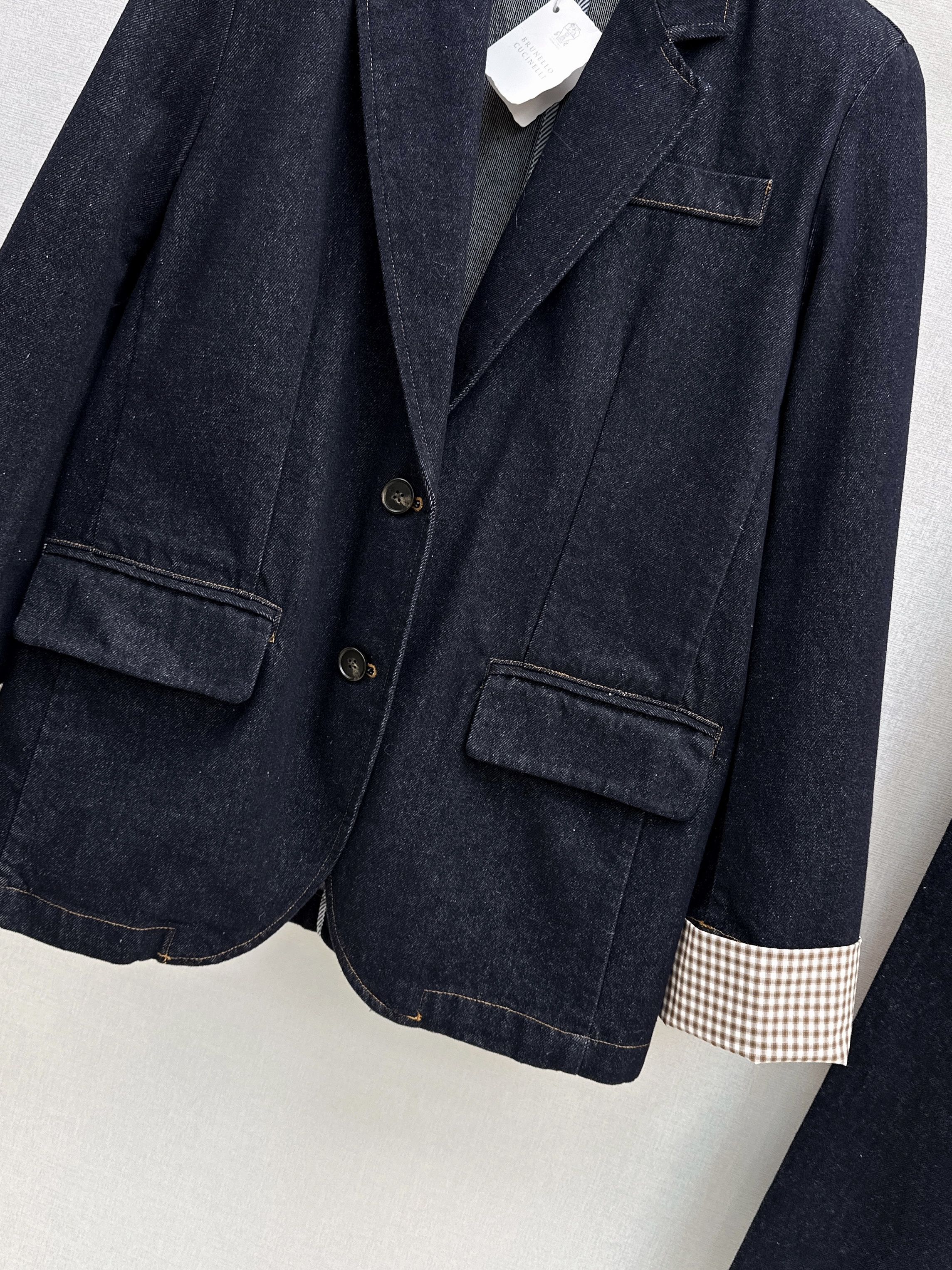 Brun 26ss check contract denim blazer