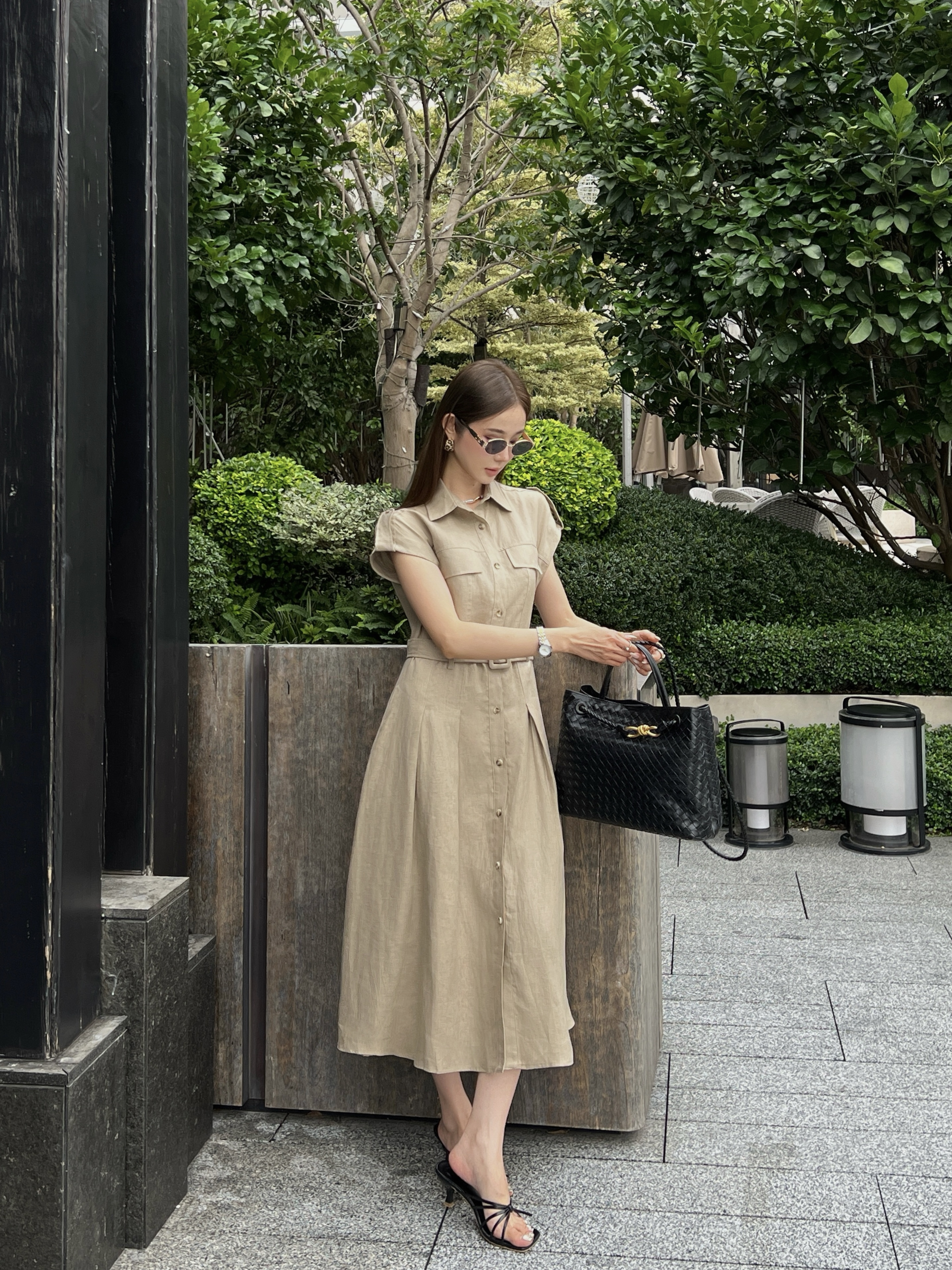 Khaki Sleeveless Belted Shirt Dress