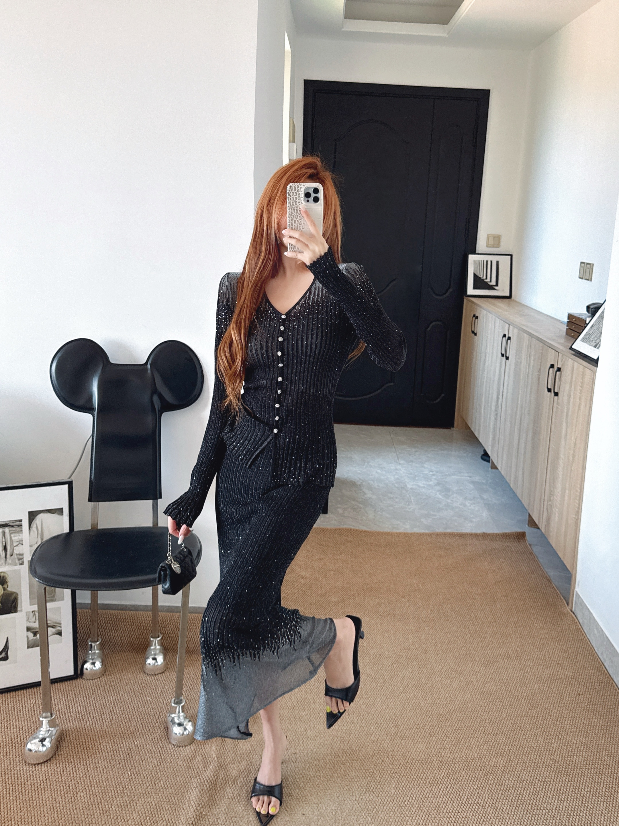 Chan 26ss rhinestone knit suit