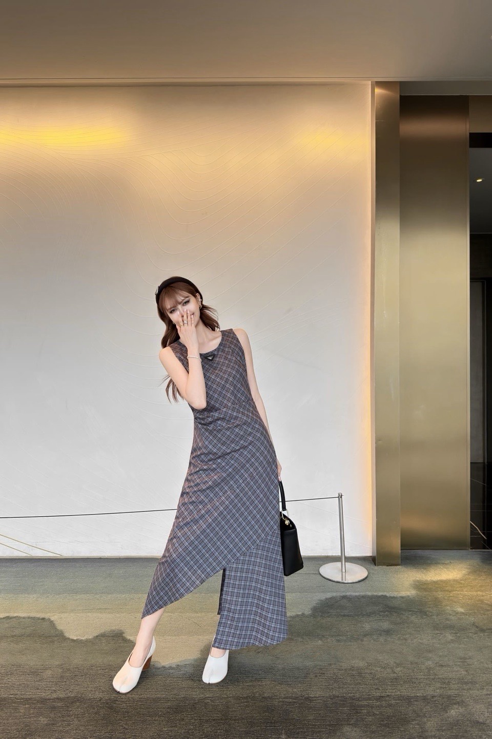 Pra 26ss check asymmetrical dress