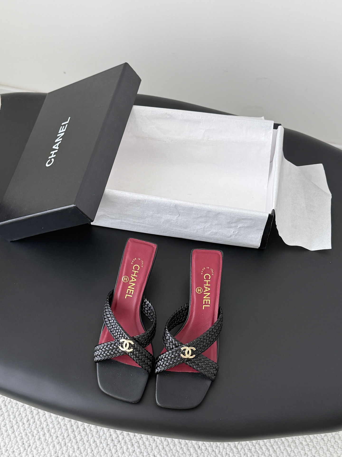 Chan 26ss cross-strap heeled mule sandals