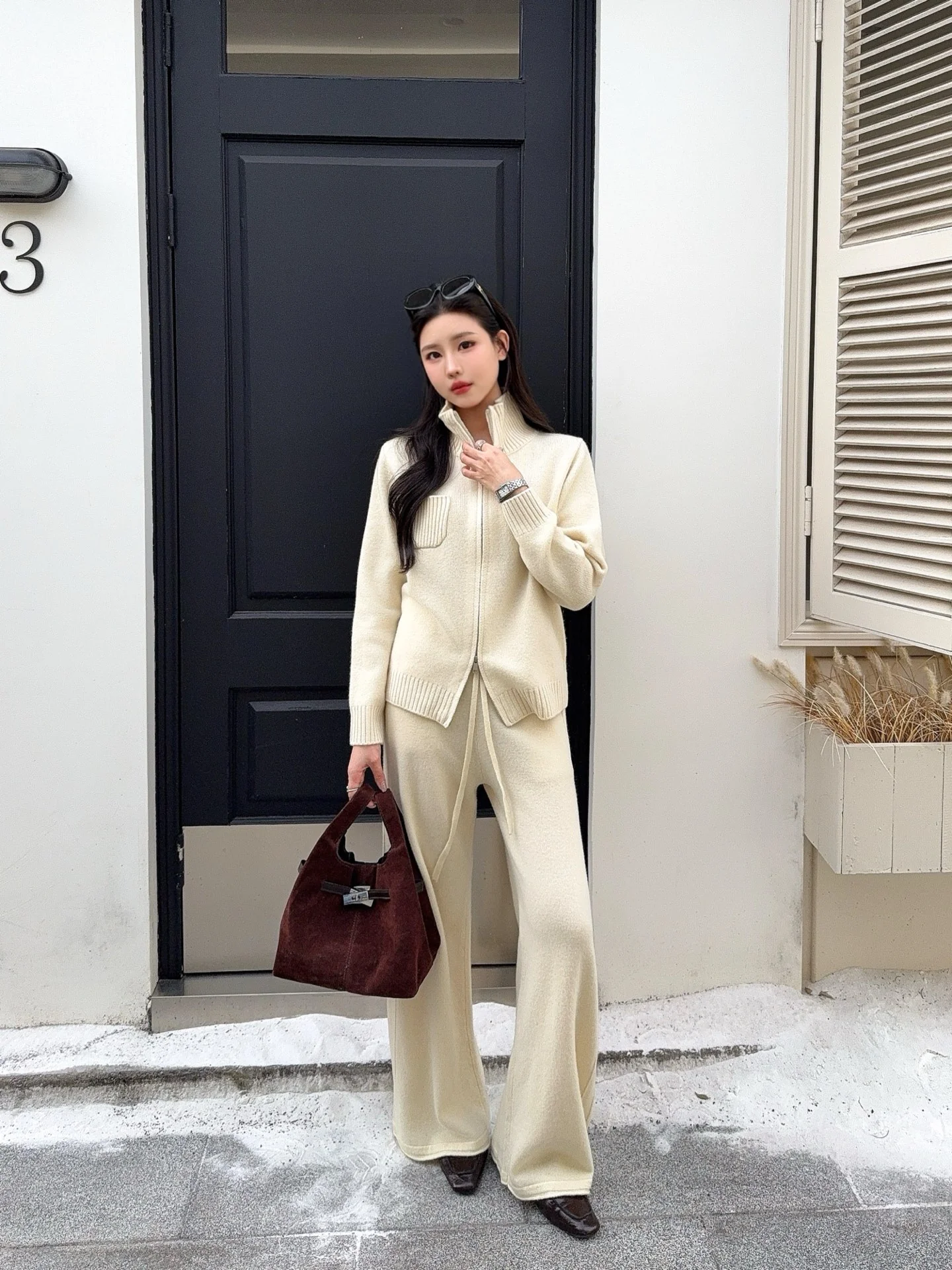 Brun 25fw zipper sweater+straight pant outfit sets