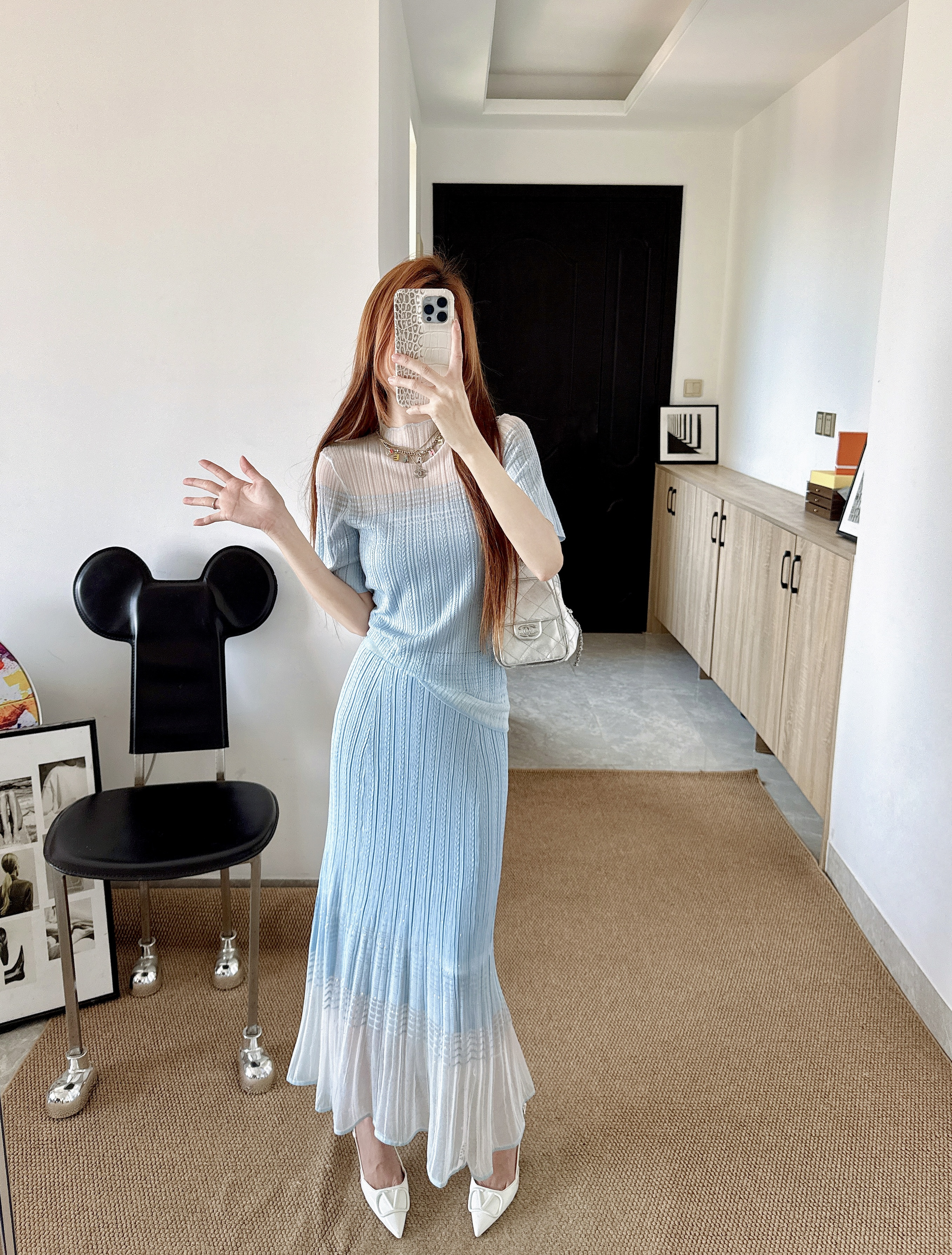 Chan 26ss omber knit top skirt set