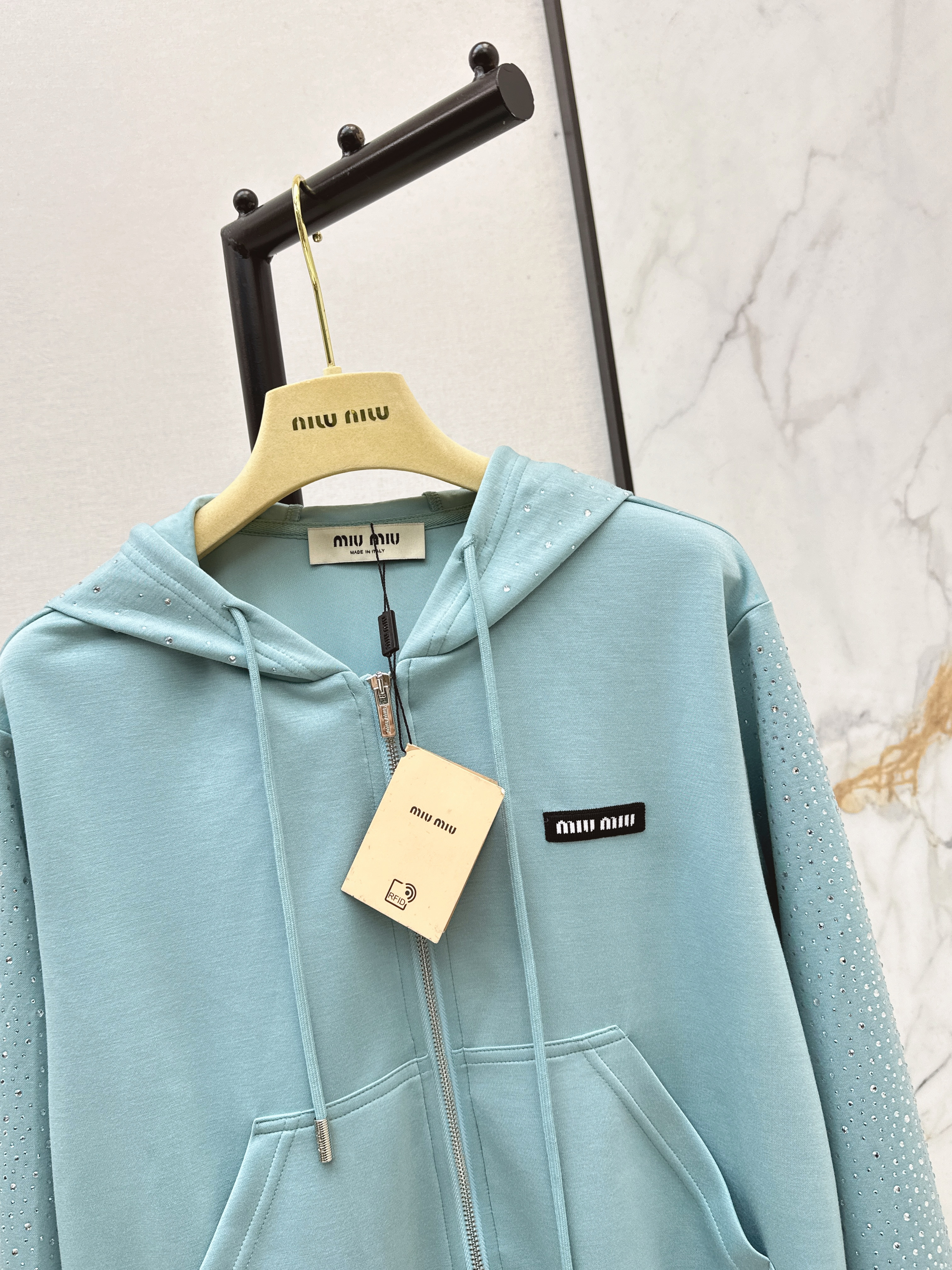 Miu 26ss rhinestone hooded jacket