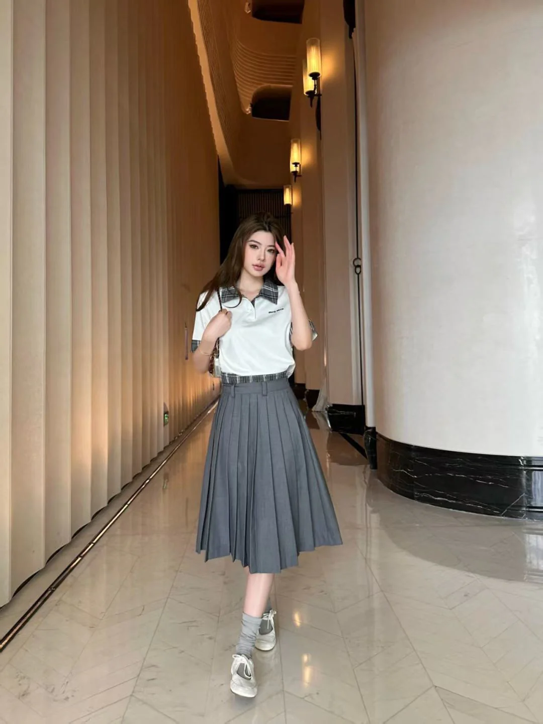 Miu 26ss polo shirt+pleated skirts