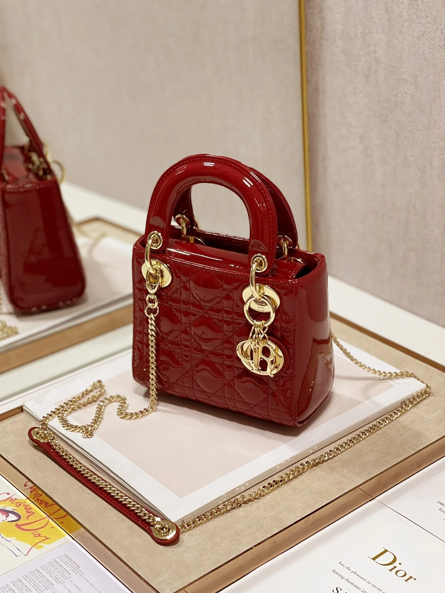 DO Mini Lady Bag Cherry Red Patent Cannage Calfskin